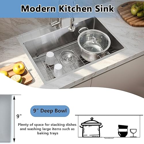 Miniatura 4 de VAPSINT Fregadero de cocina de 28 x 18 pulgadas, fregadero de cocina comercial de acero inoxidable calibre 16 con rejilla y drenaje de 9 pulgadas de