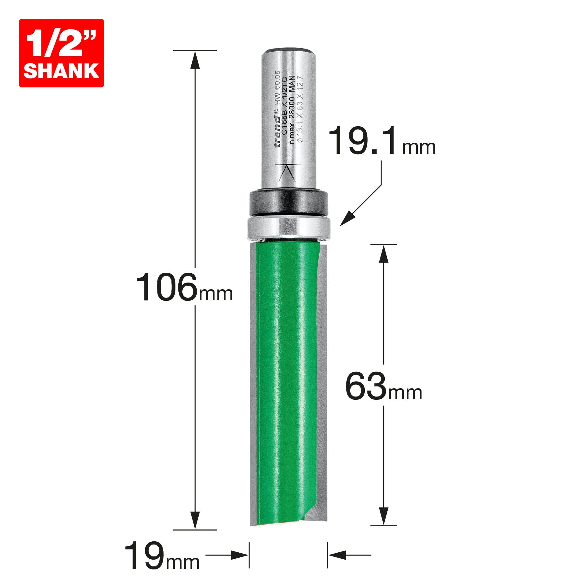 Trend CraftPro frez profilowy z prowadzeniem do frezarki górnowrzecionowej, trzpień 1/2 cala, średnica cięcia 19,05 mm i długość cięcia 63 mm, węglik spiekany (TCT), C165BX1/2TC