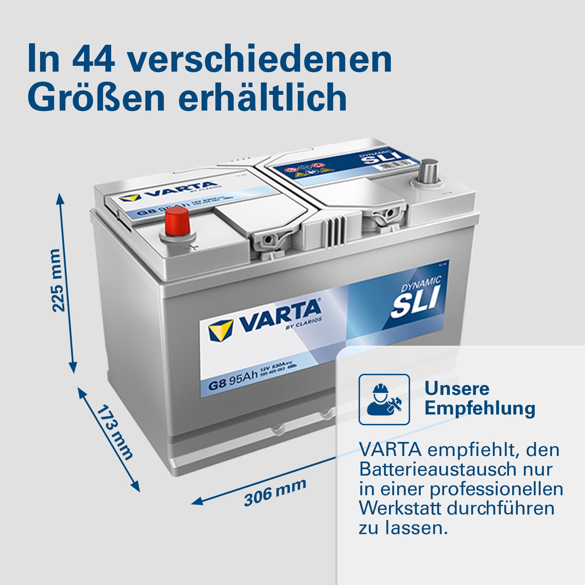 VARTA Automotive DYNAMIC SLI (G8) 12V 95Ah 830A - Nassbatterie KFZ mit Standardausstattung & ohne Start-Stopp System - Starterbatterie für einfachen Energiebedarf - Bleisäurebatterie wartungsfrei