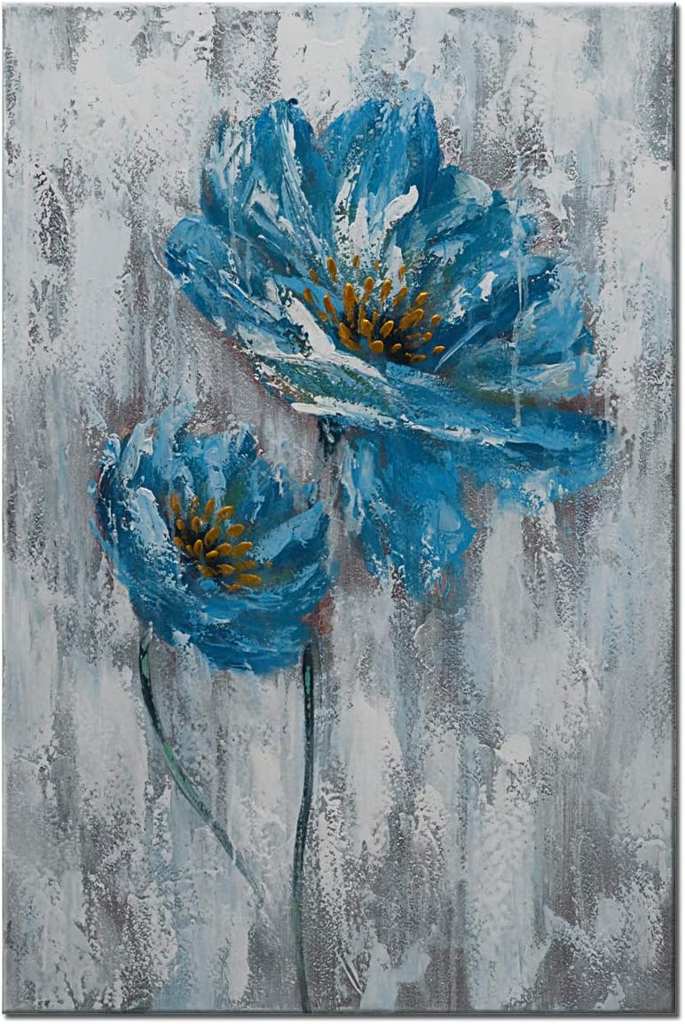 Hand Painted Flower Oil Paintings on Canvas Blue White Floral Wall Art Modern Abstract Poppy Artwork Framed Picture Home Decor 24x36in