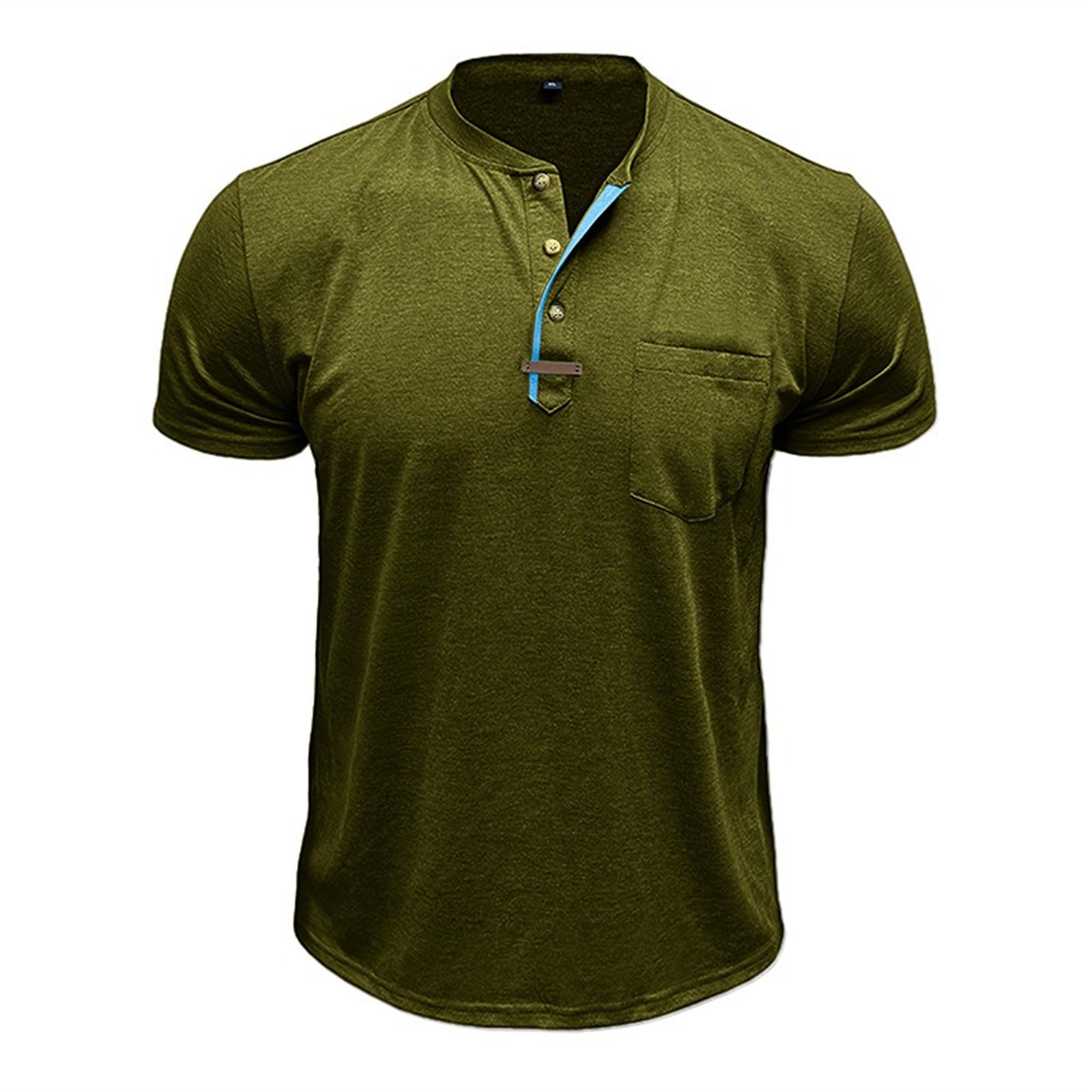 Men Round Neck Henry Collar Casual Shirt Quarter Button Chest Pocket T Shirt Summer Classic Sport Pullover Tops (Navy Green,Medium)
