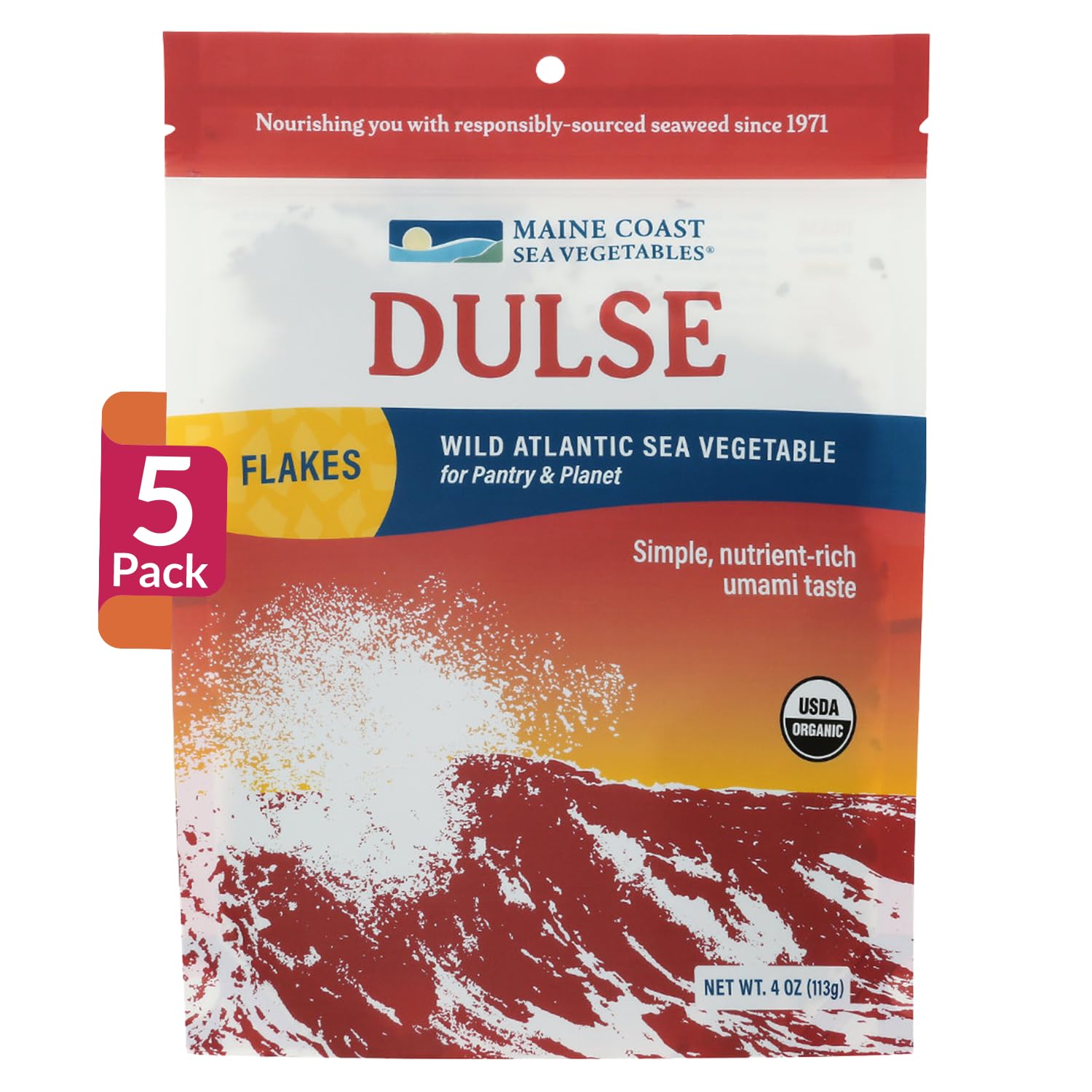 Maine Coast Sea Vegetables Organic Dulse Flakes | Seaweed Snacks | Rich in Iodine, Protein & Minerals | Harvested from North Atlantic | Great for Salads, Soup & Smoothies | 4 oz (Pack of 5)