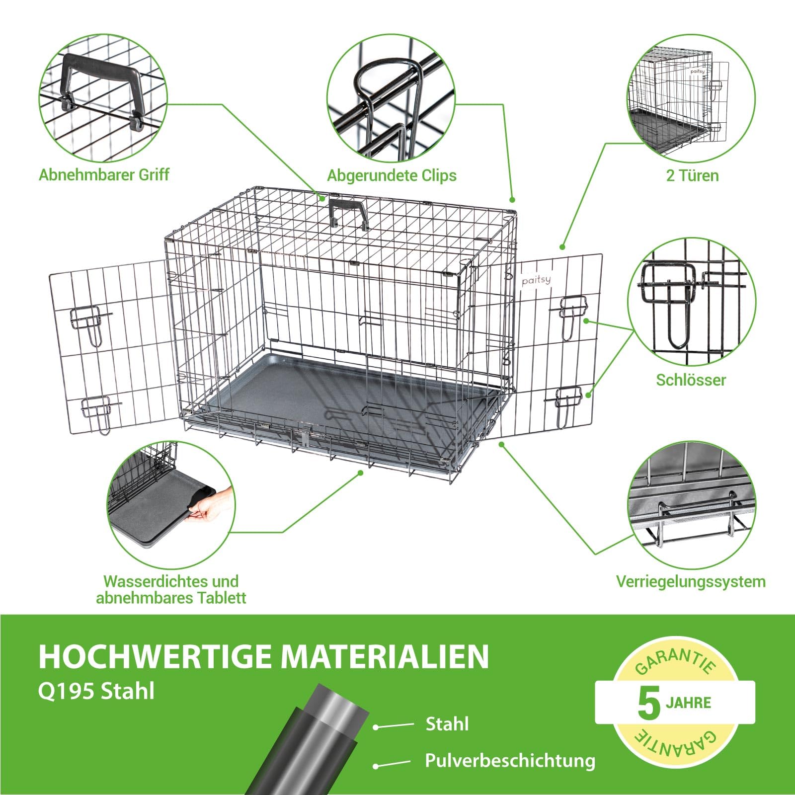 Hundetransportbox klappbar, Hundebox für mittelgroße Hunde 75x47x54 cm, 2 Türen, herausnehmbares Tablett, für Innenbereich, 5 Jahre Garantie