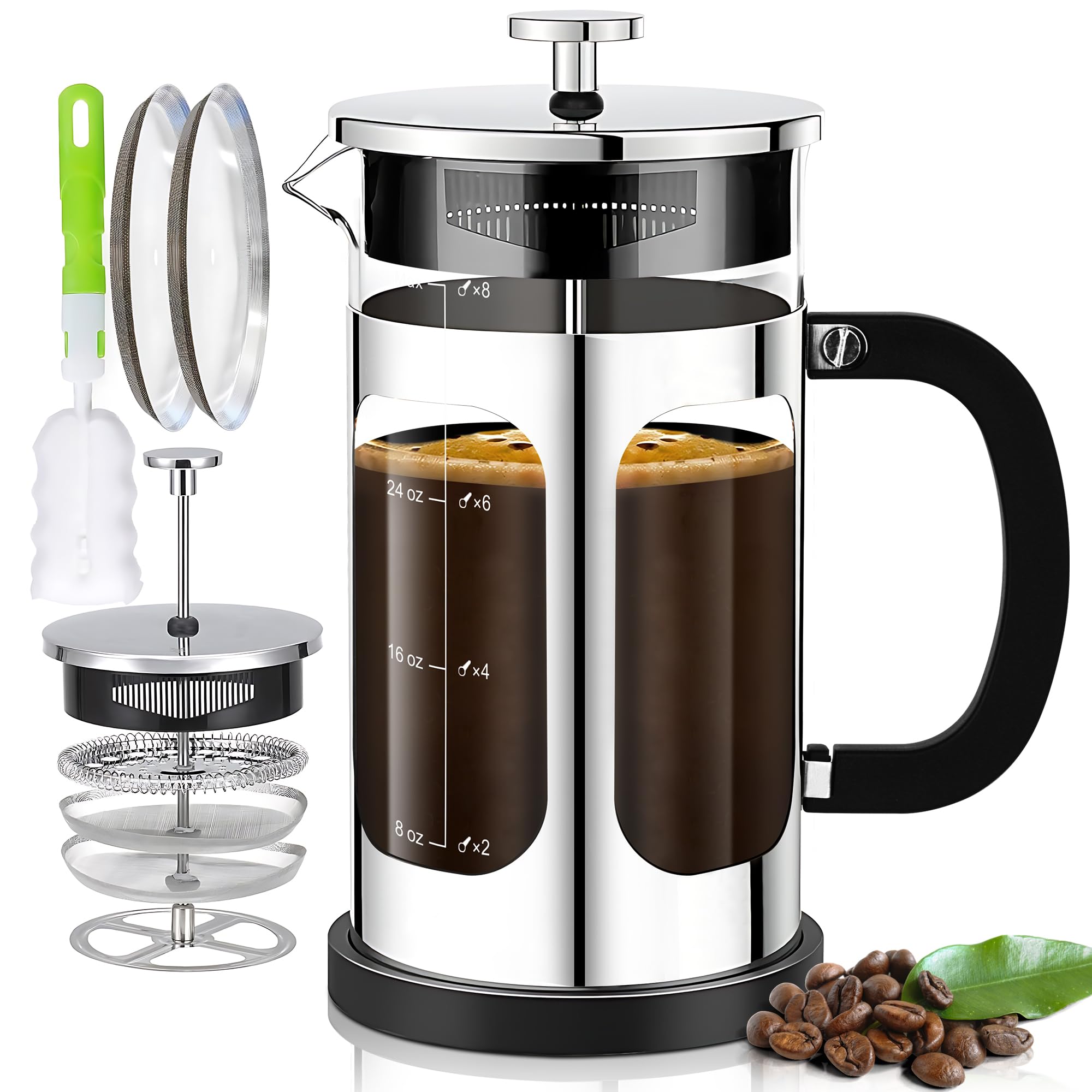 YMMIND Cafetera de prensa francesa (34 onzas, 1 cuarto de galón, 5-6 tazas), con sistema de 4 filtros, vidrio de borosilicato de grosor resistente al calor, taza de café en frío, regalos (plateado)