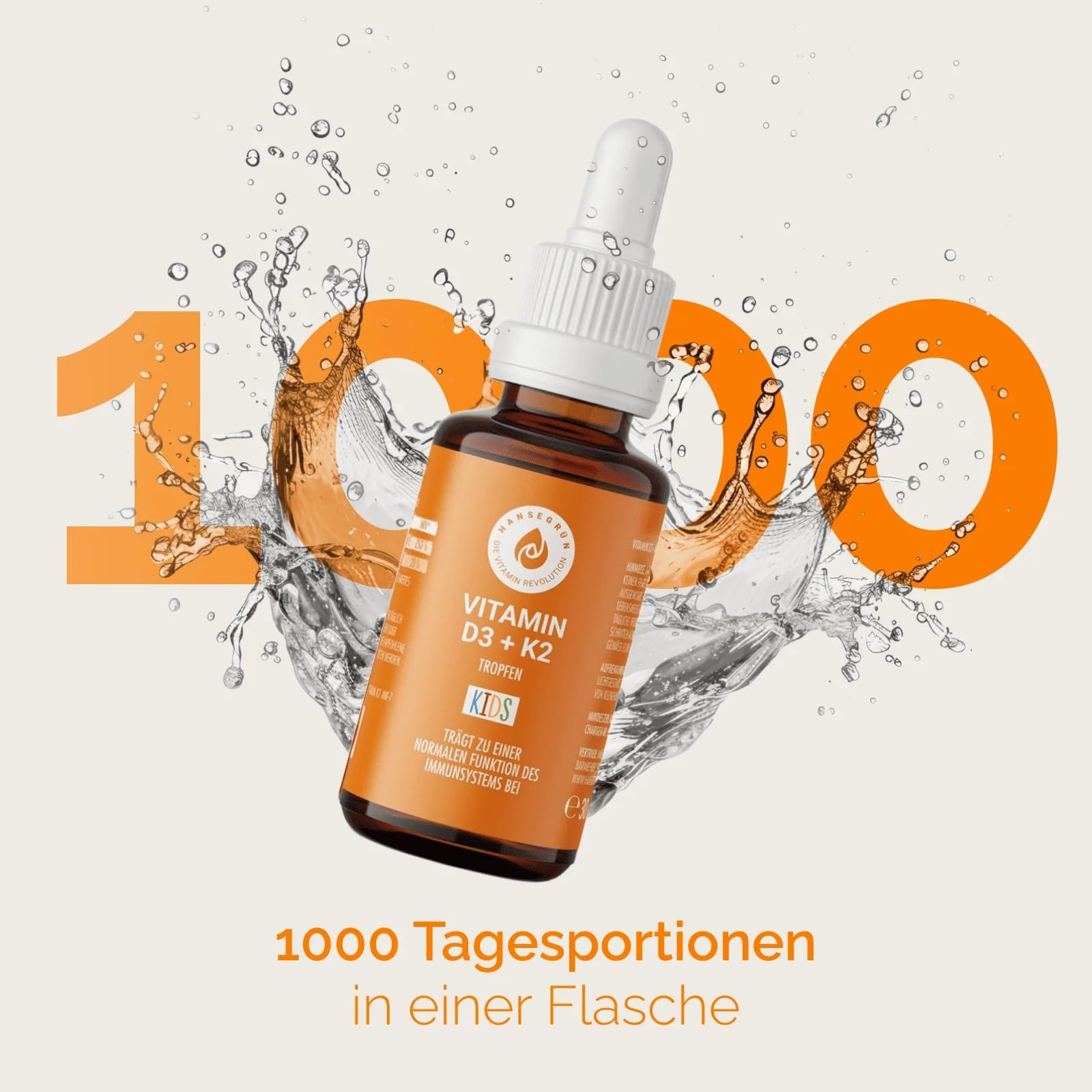 Hansegrün - 3x Vitamintropfen D3K2 Kids - 30ml - Trägt zu einer normalen Funktion des Immunsystems¹ & Knochen² bei - Nur 3 Zutaten - Vegan & ohne Zusatzstoffe - Optimale Aufnahme - Für 1000 Tage