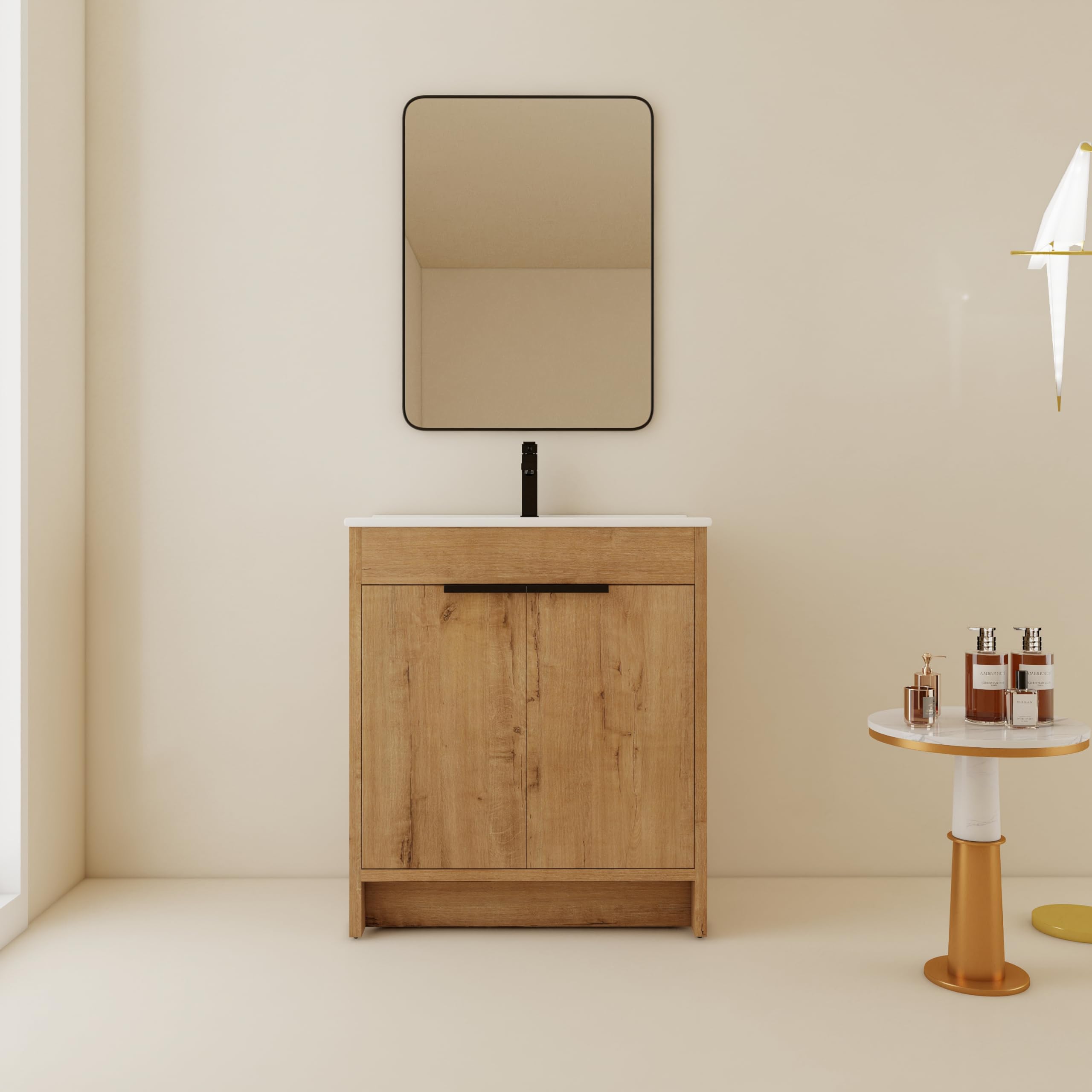 San Merah 30 inch Bathroom Vanity with Sink, Bathroom Cabinet W/Single Ceramic Sink, Freestanding Bathroom Vanity with Soft Close Doors& 1 Adjustable