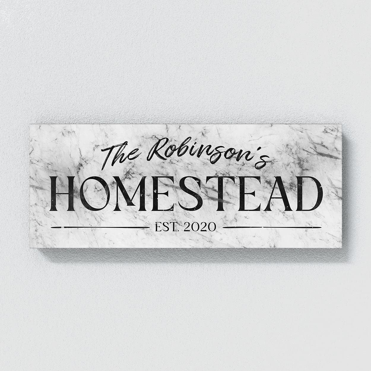 Cartel personalizado de mármol blanco con nombre familiar para casa de campo, porche, patio, apellido establecido, decoración del hogar, arte de pared, pintura grande, 40 x 16 pulgadas, lienzo sentido