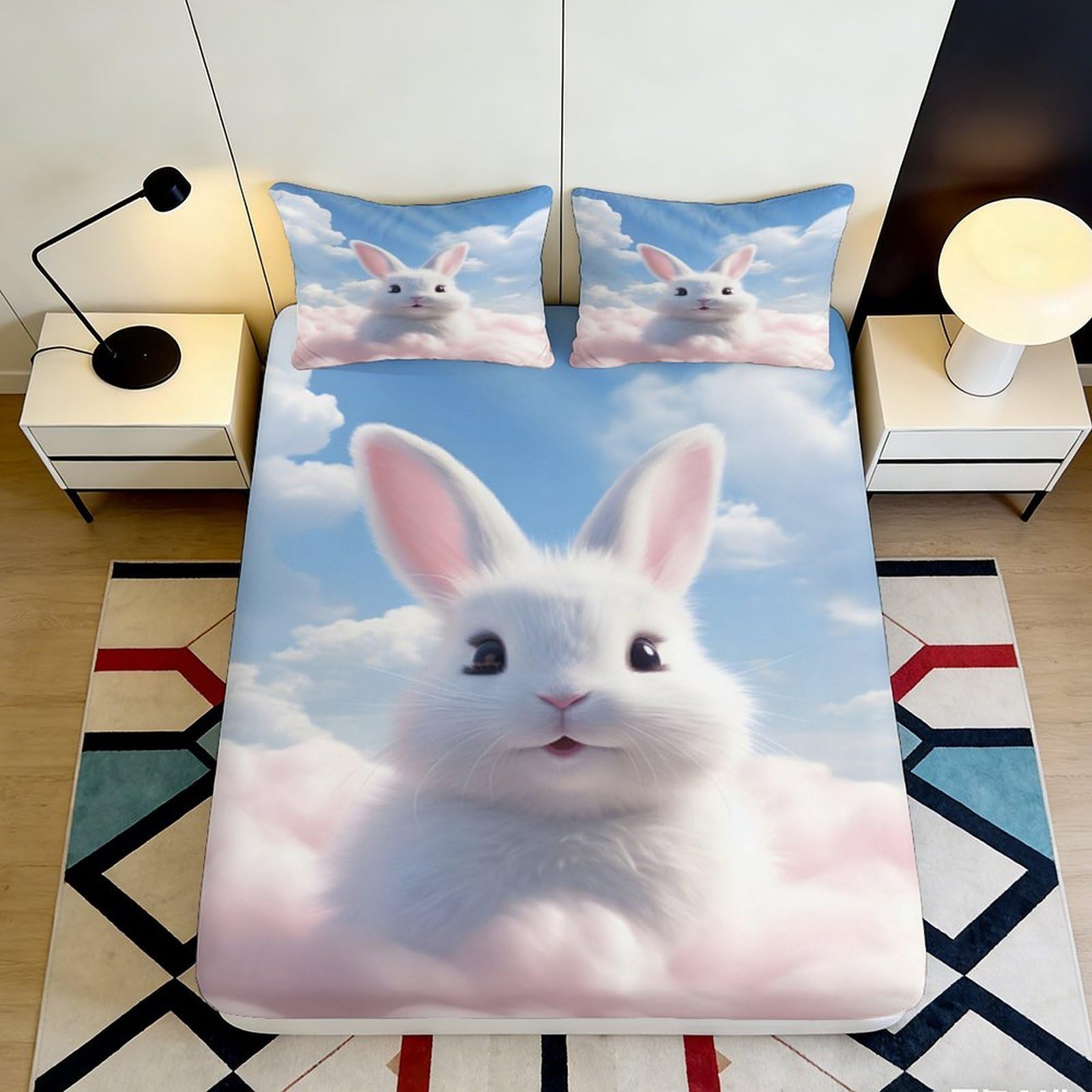 Pnayamiorkfel Style-4 3D Printed Cute Bunny Cloud Fitted Sheet Microfiber Soft Breathable Rabbit Sky Bed Cover For Bedroom Guest Room 90X200x25cm