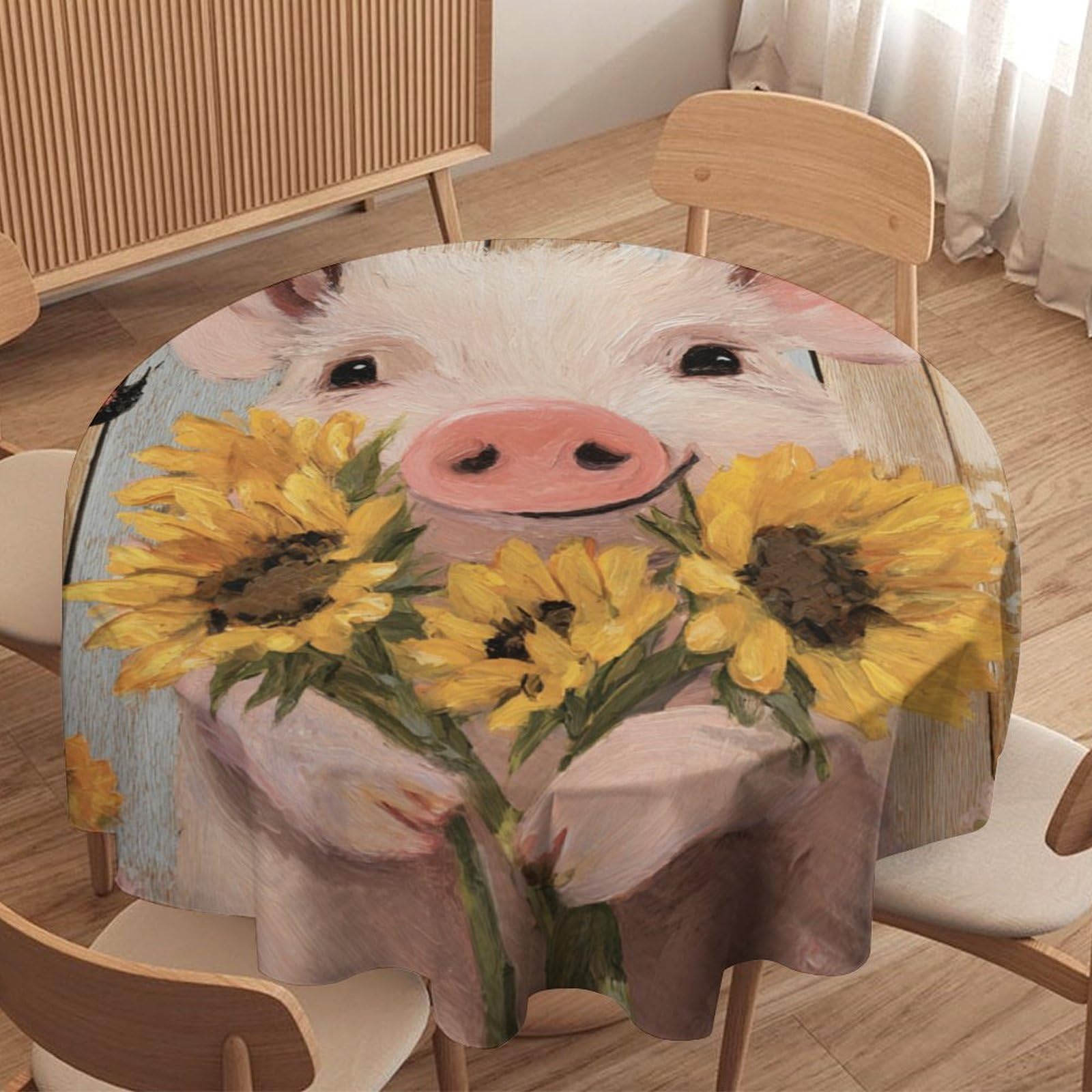 LUYYSKY Rustic Classic Cute Pigs Round Tablecloth Abstract Aesthetic Wooden Fence Sunflowers Animals Pigs Butterflies Pa Washable Decor for Table Cover for Kitchen-127 Wx127 L cm