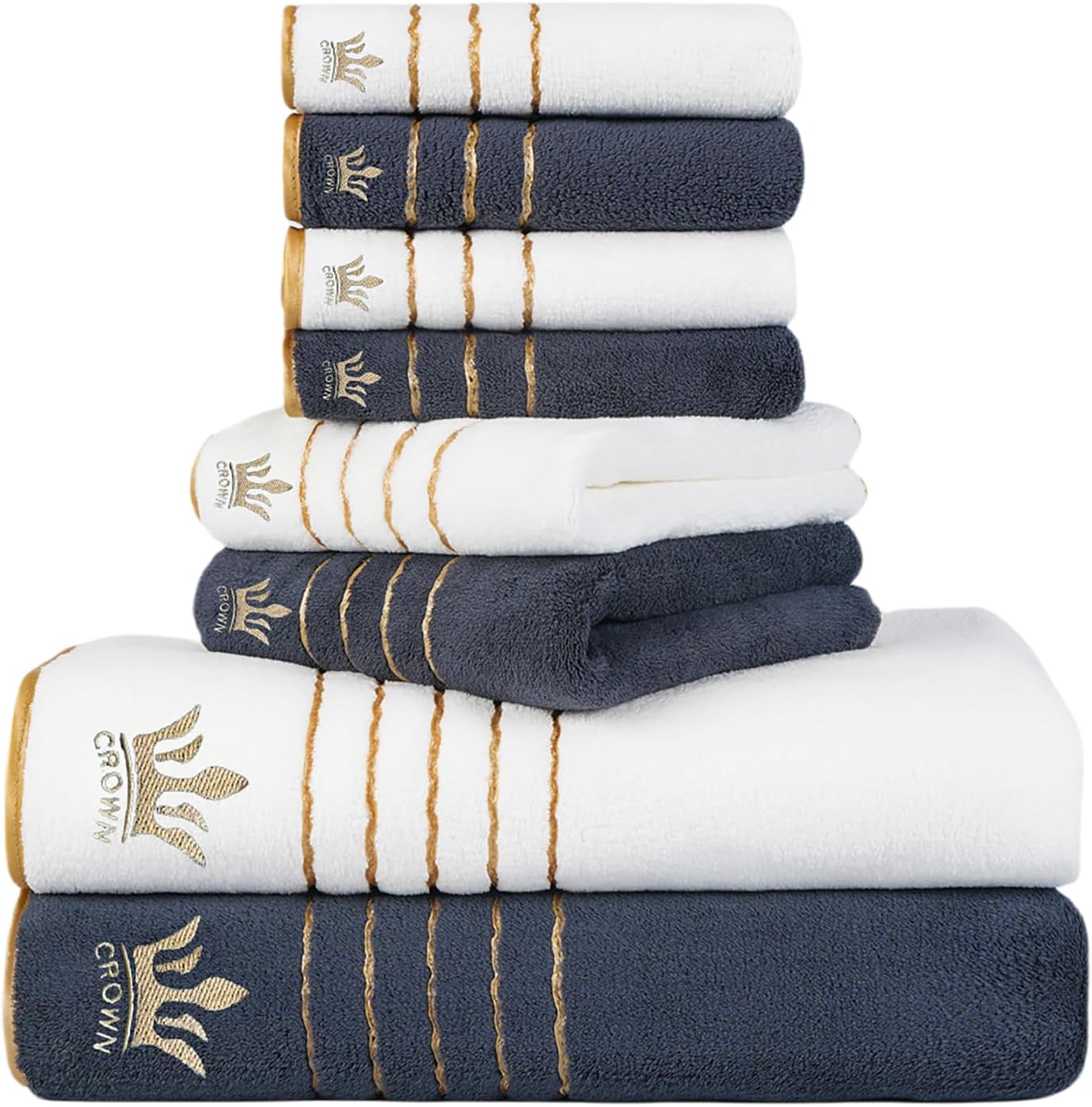 8-Piece Bath Towel Set Crown Embroidery - 4 Washcloths, 2 Hand Towels, 2 Bath Towels | Ultra-Fiber Coral Fleece, Super Absorbent, No Lint & No Fading | Perfect for Bathroom (Dark Grey+White)