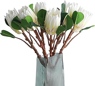5 Pcs Artificial Protea Flowers, White Fake King Protea Cynaroides Real Touch Silk Faux Protea Flowers Arrangements for Garden Wedding Party Table Centerpieces Office Decor