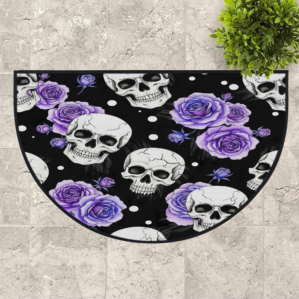Große halbrunde Fußmatte – Lila Rose Totenkopf saugfähig rutschfest halbrund Eingangsbereich Teppich – niedlicher, weicher, halbrund waschbarer Teppich für Küche, Badezimmer, Schlafzimmer, 160