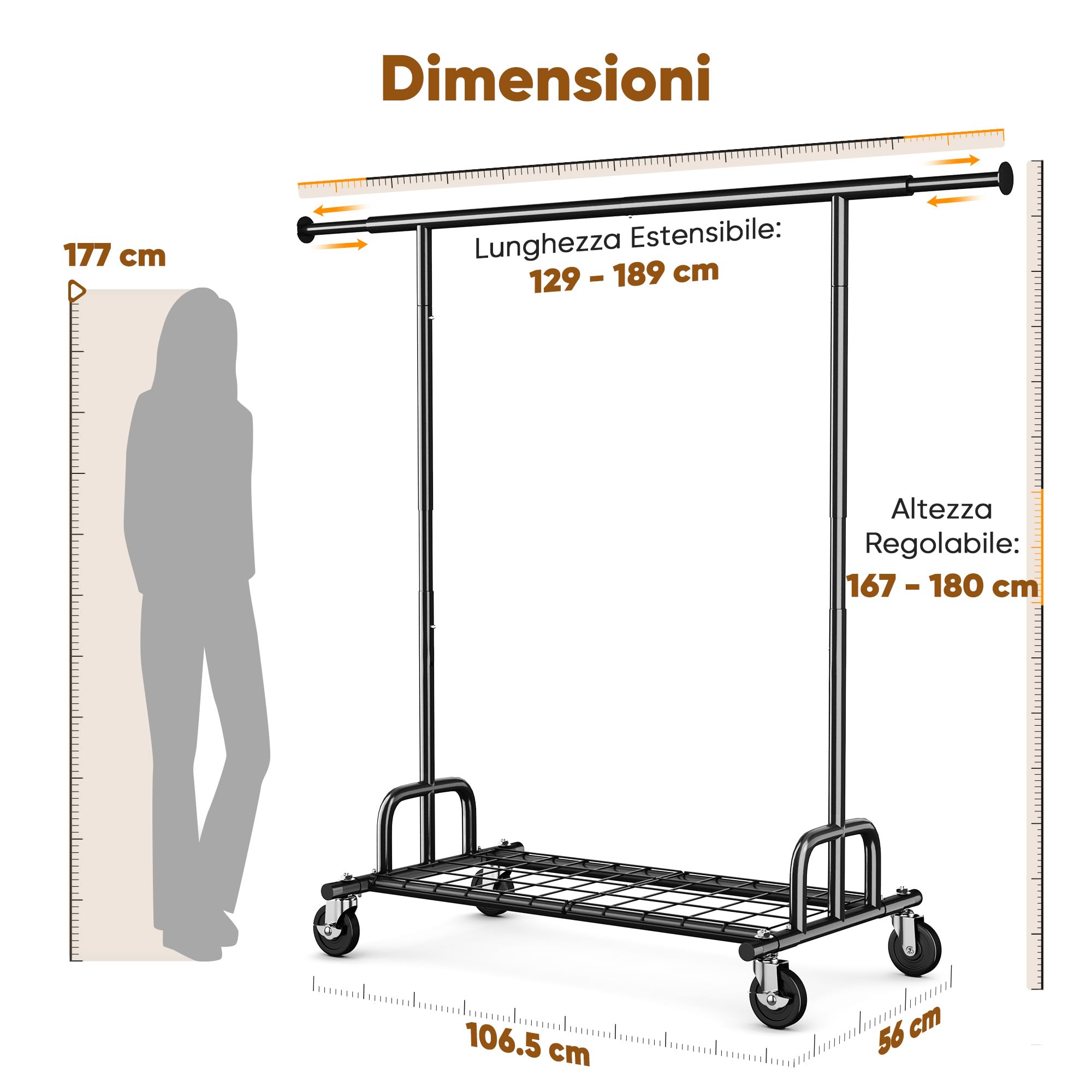 HOKEEPER Appendiabiti da Terra Resistente 238kg, Barra Estensibile con Ruote Bloccabili e Ripiano, Salvaspazio per Camera da Letto, Appartamento, Lavanderia, Nero