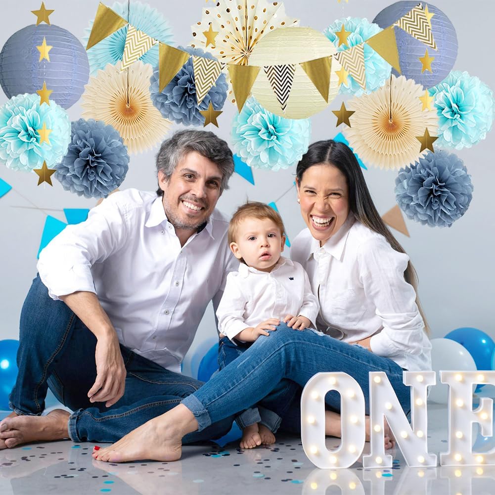 Dusty Blue Party Decorations Boho Beige Light Dusty Blue and Gold Party Decorations Paper Lanterns Poms Fans Champagne Gold for Birthday Baby Shower Boy Bridal Shower Wedding Engagement Graduation