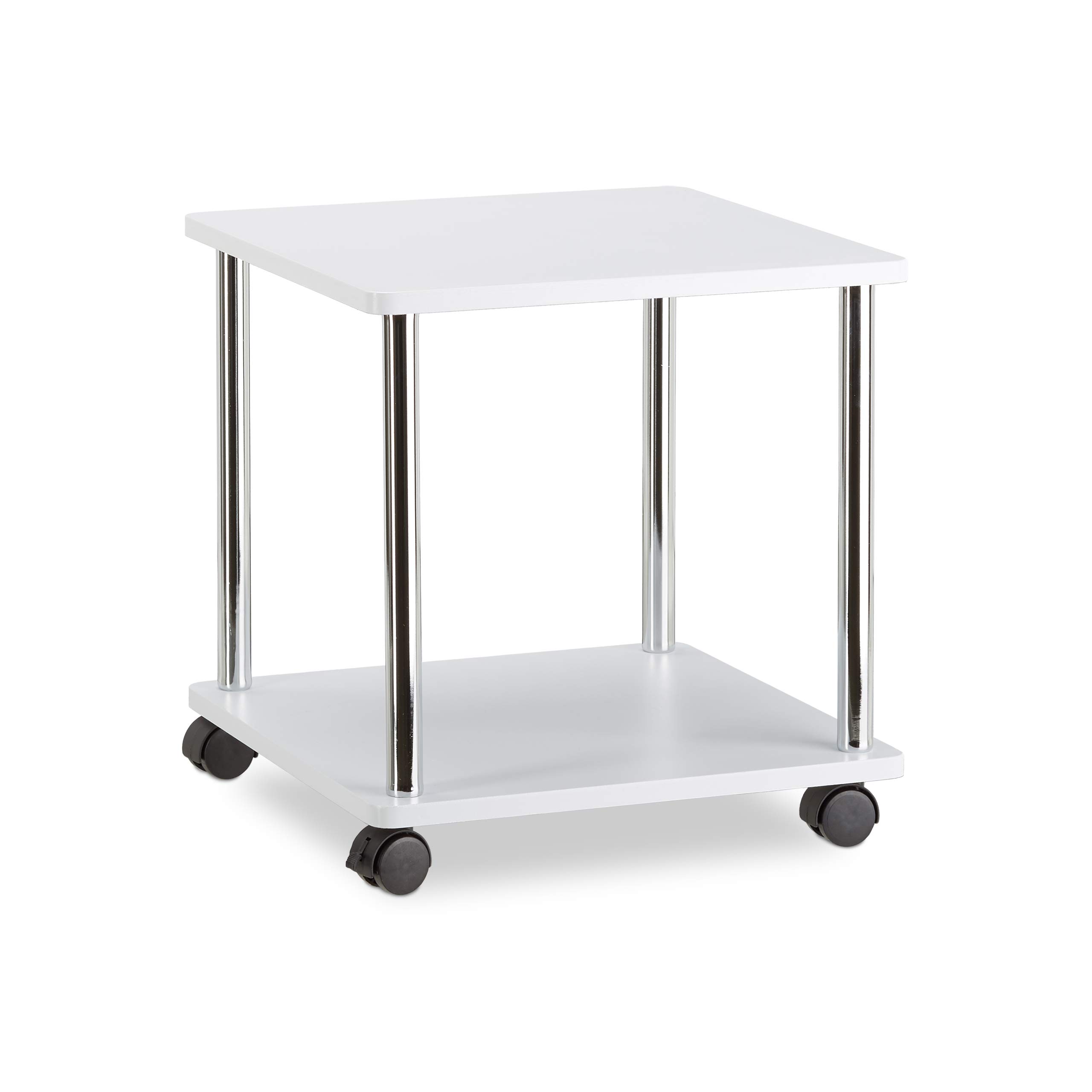 Relaxdays Mesa Auxiliar Pequeña con Ruedas, Madera-Acero Inoxidable, Blanco, 41.5 x 40 x 40 cm