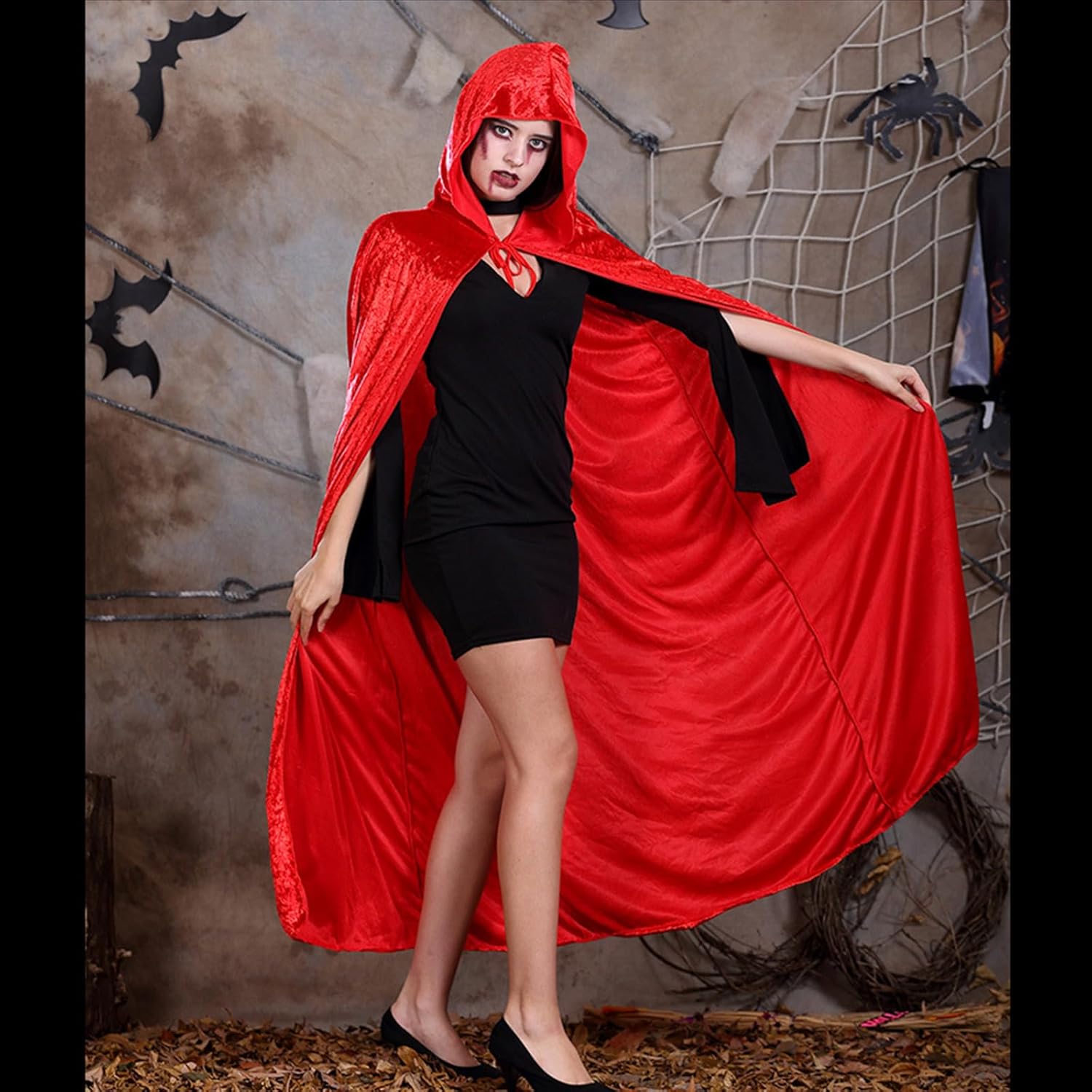 Halloween Hooded Cloak Full Length Velvet Cape with Hood for Halloween Cosplay Costume,59 inch