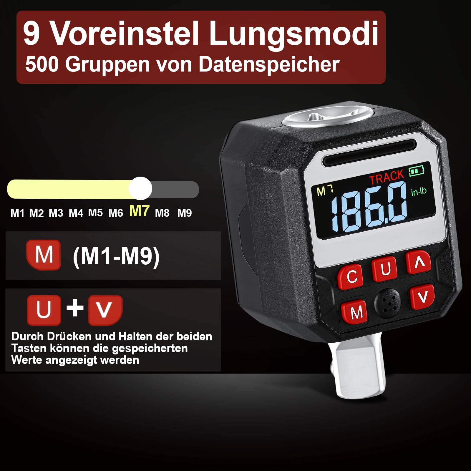 Digitaler Drehmomentadapter, 1/2 Zoll Digital Drehmomentschlüssel mit ±2% Genauigkeit, Voreingestellter, LED Anzeige, Summer, 3/8" und 1/4" Adapter für Fahrrad, Motorrad, Auto (10-200Nm)