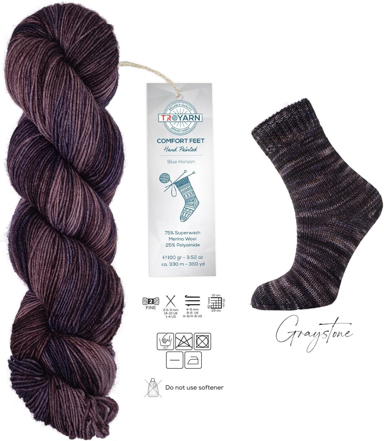 Troyarn Comfort Feet (2- Skeins Pack) Hand Painted Yarn 75% Superwash Merino Wool and 25% Polyamide (Fine/Sport 2 Weight) / (2 x 3.52 Oz - 2 x 100 gr) / (2x360 Yard-2x330 mt)(11271 - Greystone)