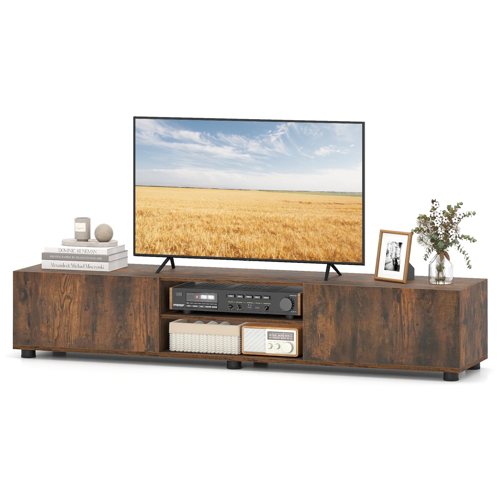 COSTWAY Mobile Porta TV Fino a 70", Supporto TV con 2 Mobiletti, 2 Ripiani Aperti e 6 Gambe di Sostegno, Tavolo Consolle per Televisore per Soggiorno e Camera da Letto, 160 x 35 x 30 cm (Marrone)