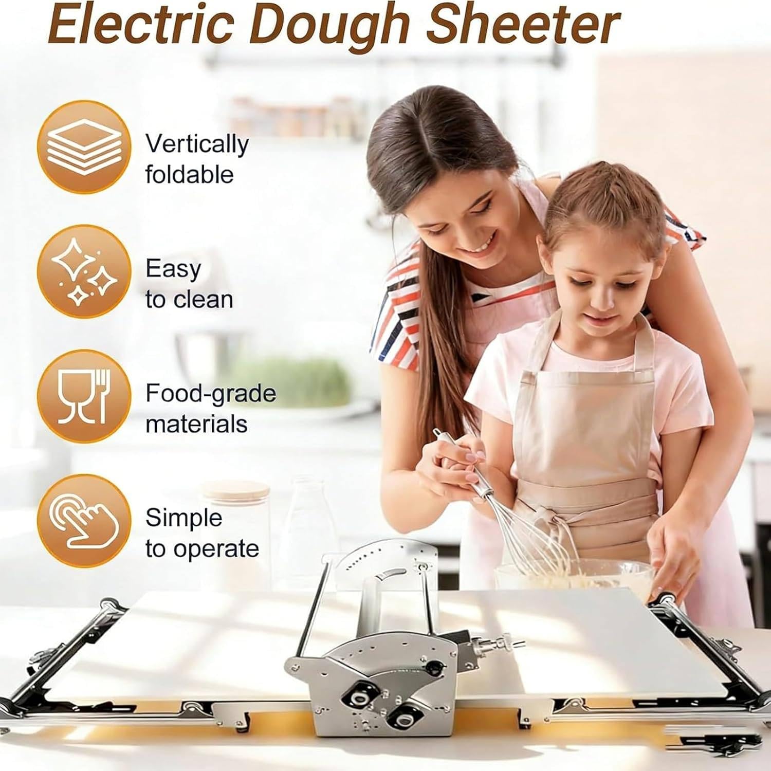 Laminadora de Masa de Acero Inoxidable,Rodillo eléctrico Plegable, diseño Compacto sobremesa, Grosor Ajustable 2 a 30 mm y prensado 450 mm de Ancho,para panaderías,Pizzas,Fondant