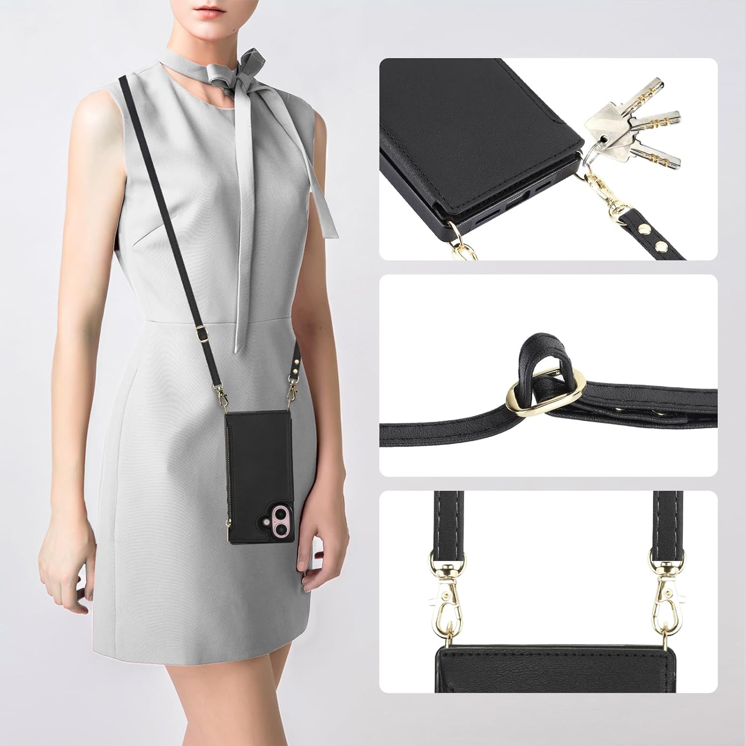 Bocasal Crossbody Wallet Case for iPhone 16 with RFID Blocking Card Slot Holder, Magnetic Flip Folio Purse Case, PU Leather Zipper Handbag with Detachable Lanyard Strap 6.1 Inch 5G (Black) - Image 5