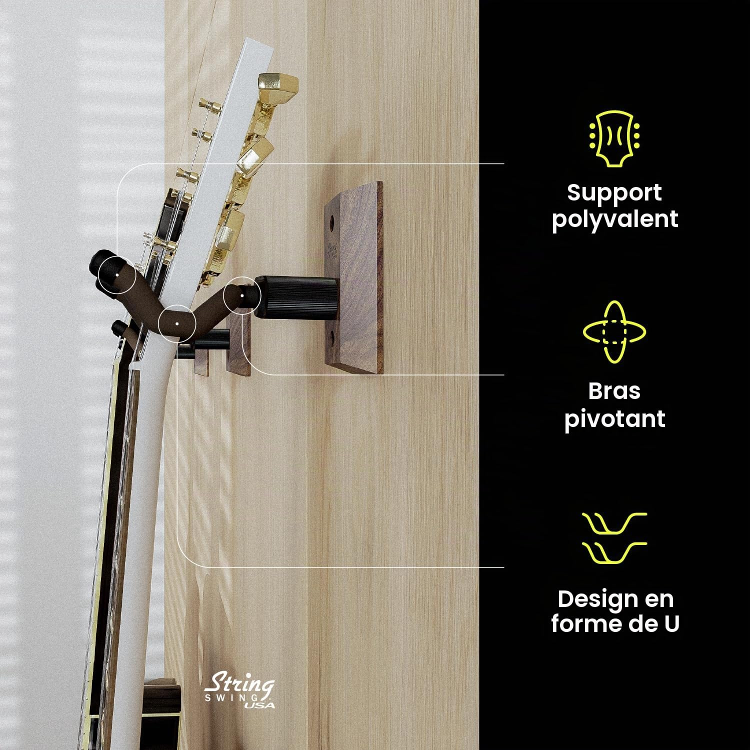 String Swing - CC01K - Support mural pour guitare acoustique ou électrique - Noyer noir