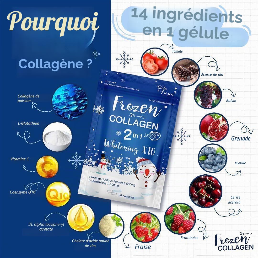 Collagene congelé 2 en 1 blanchissant X10, formule anti-âge qui réduit les taches d'acné, 60 gélules (collagène congelé)