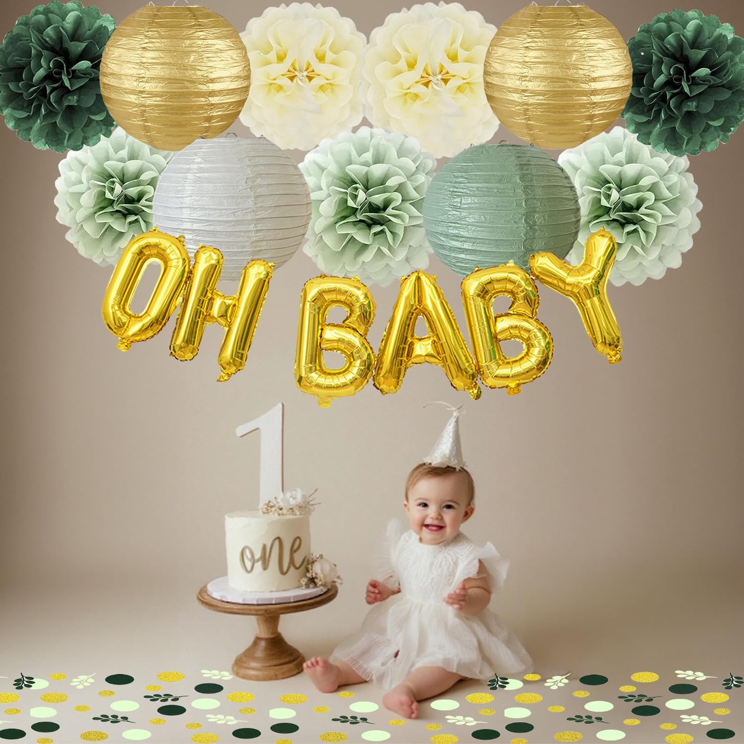 Sage Green Baby Shower Decorations Oh Baby Banner Olive Beige Gold Paper Lanterns Tissue Pom Poms Gold Table Confetti Scatter for Neutral Greenery Baby Shower Gender Reveal Birthday Party Decoration