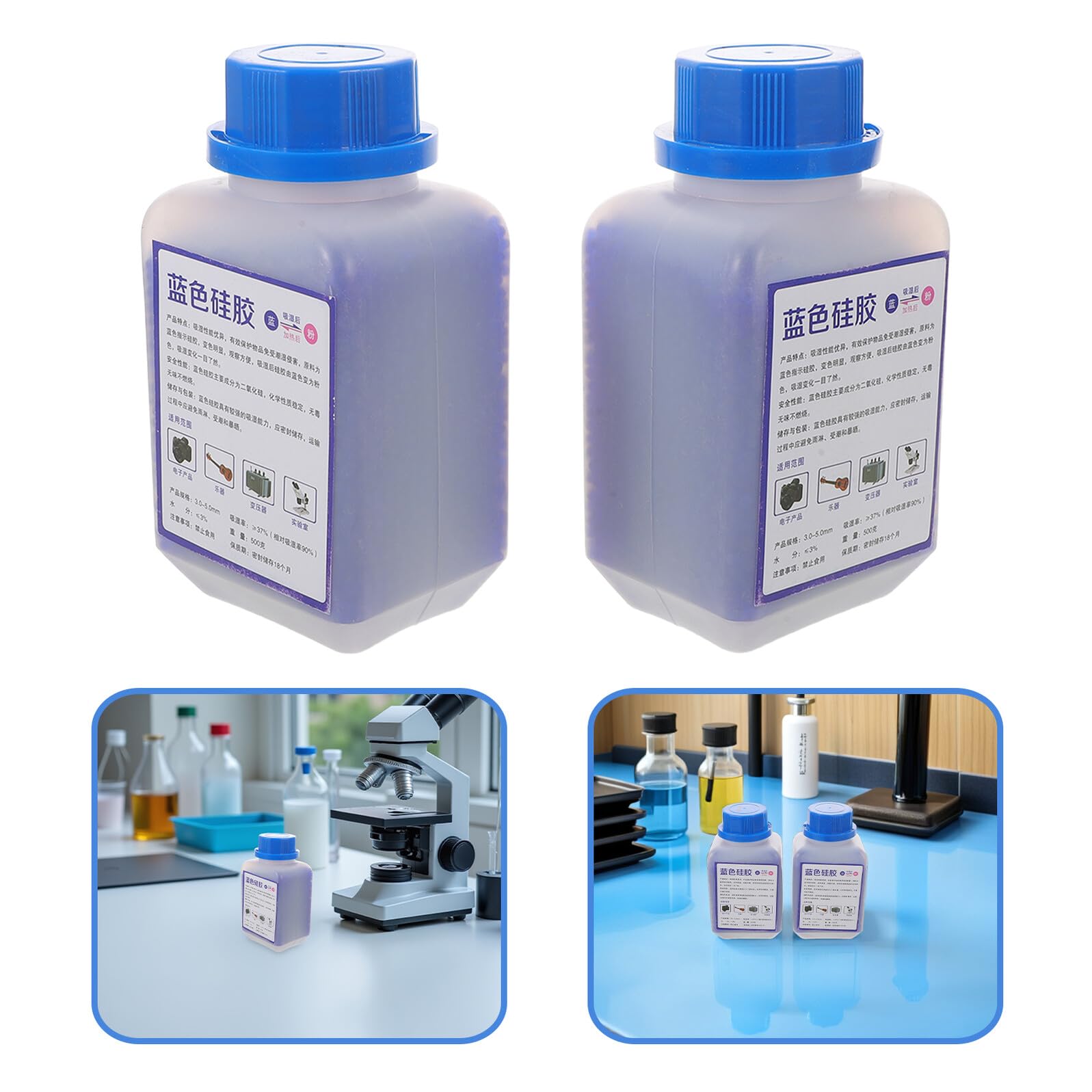 Desecante de Sílice Reutilizable 2 Botellas 500g, Azul | Perlas Indicadoras, Absorción de Humedad, para Electrónica y Material de Laboratorio