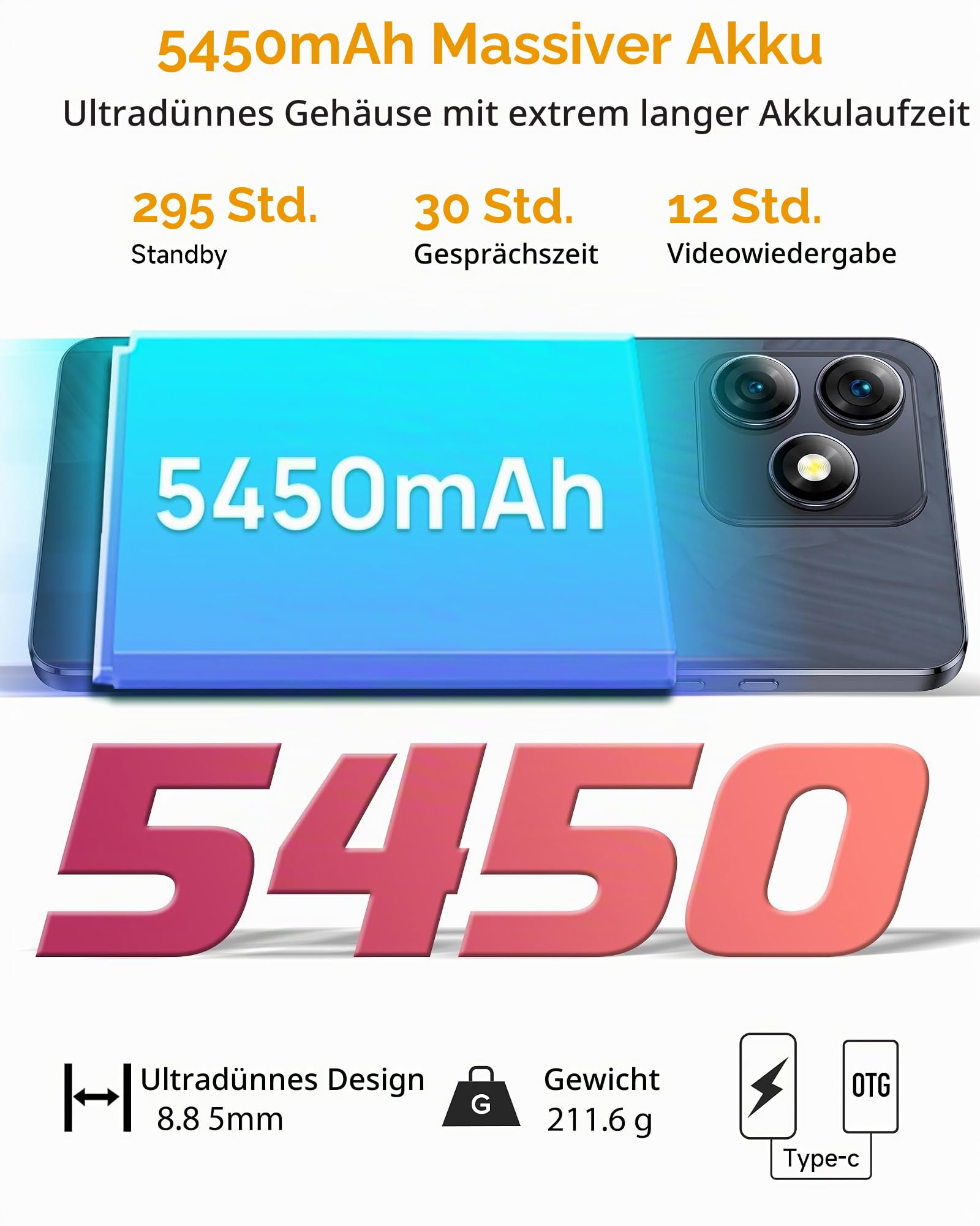 Ulefone Note 18 Pro Handy ohne vertrag, 64MP+50MP+32MP Kamera 12GB+256GB/SD-2TB Android 14 Smartphone mit 18W Schnellladung 6,78 Zoll HD+ 5450mAh Akku 4G Face ID/Fingerprint/GPS/OTG/NFC Schwarz