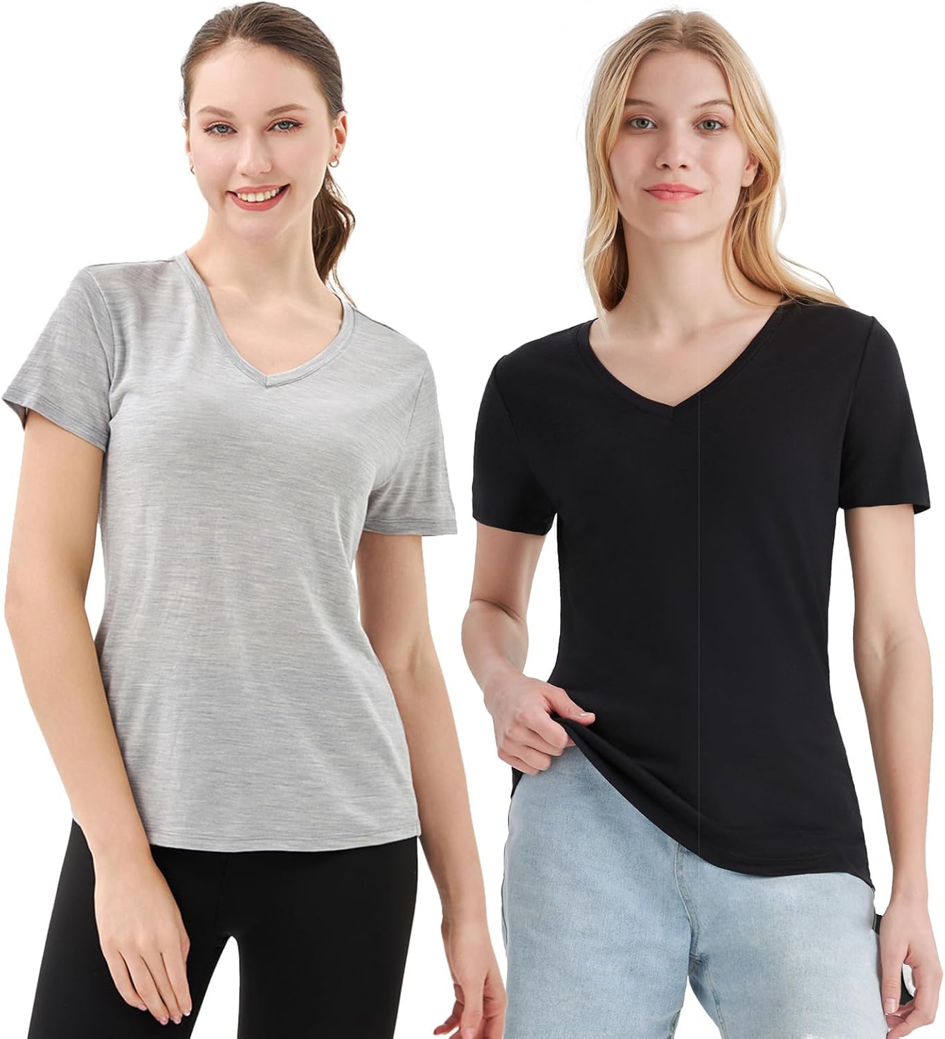 Merino Protect 100% Merino Wool V Neck T-Shirt Women Short Sleeve Shirts Odor Resistance Tops for Outdoor Hiking 2Pack