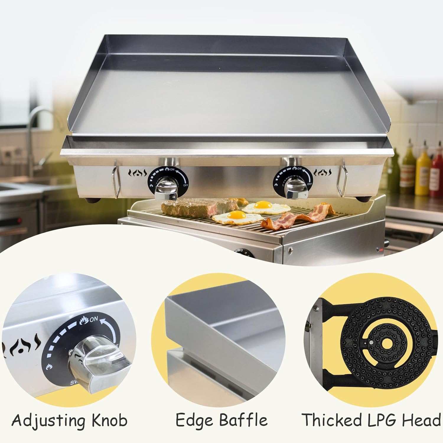 INTSUPERMAI Commercial Grill Griddle LPG Countertop Griddle Flat Top Grill Hot Plate Stove Stainless Steel Teppanyaki Grill Plate Size 28.94×16.14inchfor Restaurant Kitchen Camping Outdoor BBQ 2800Pa