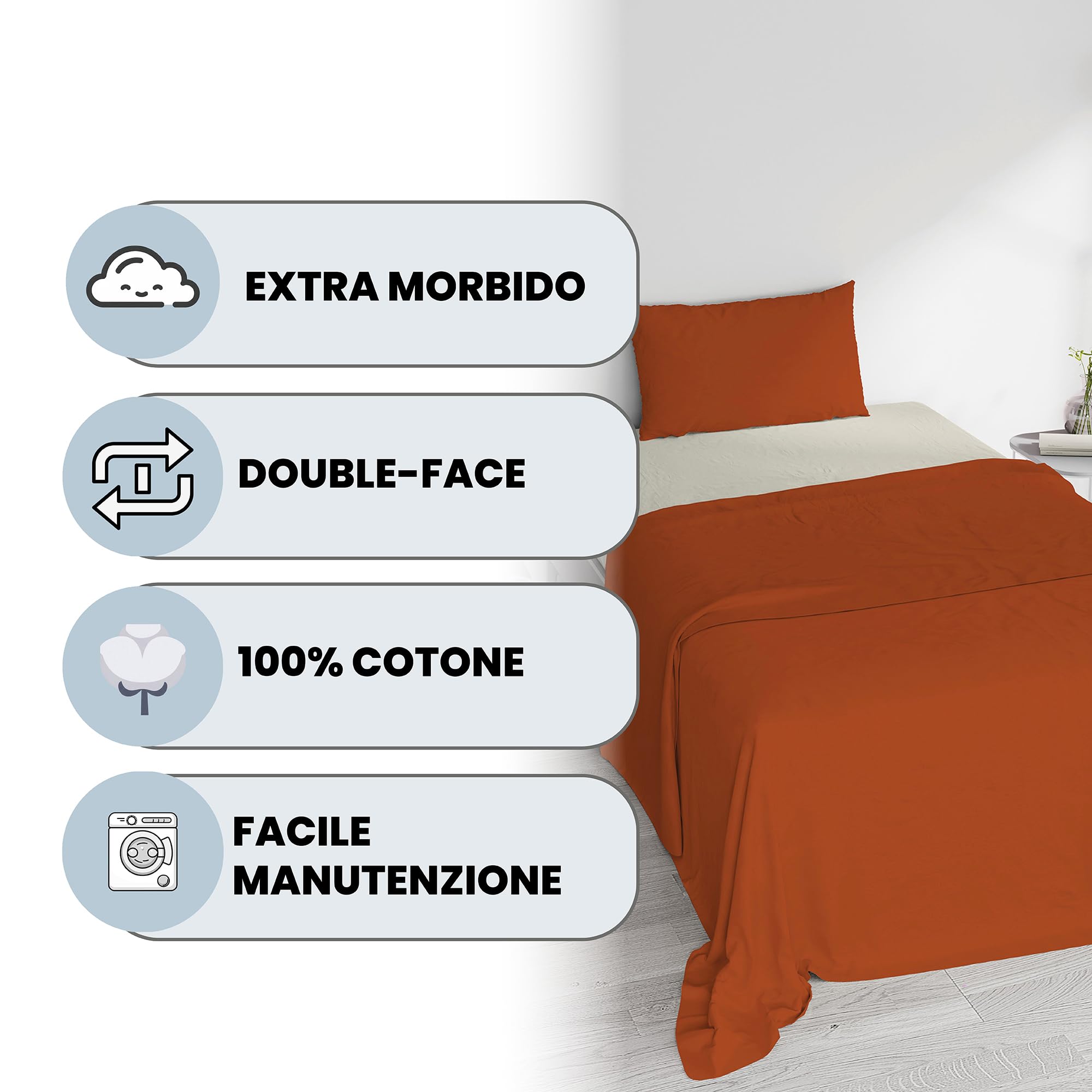 Completo Letto 100% Cotone "Natural Color", Una piazza e mezza, Terra/Panna