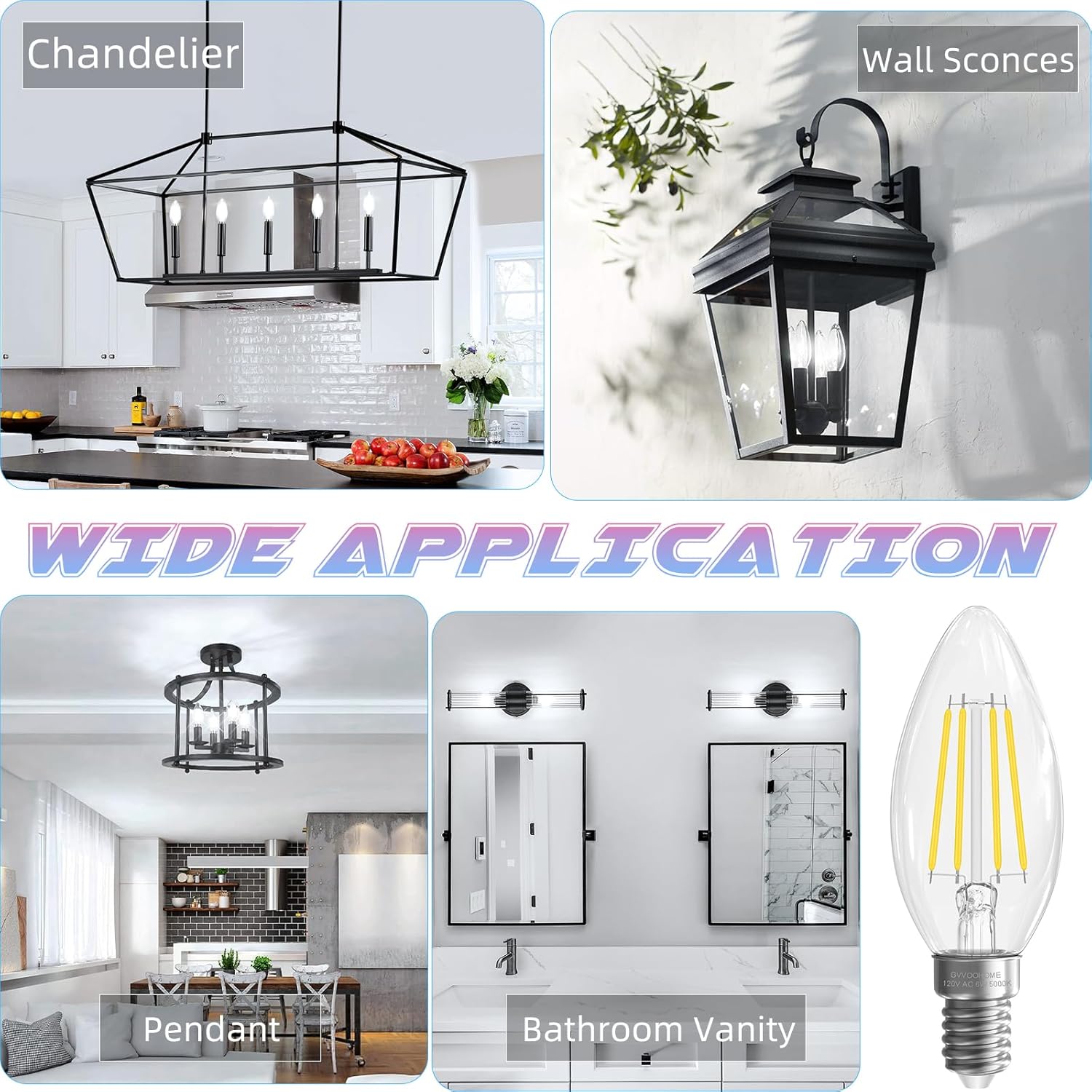 Candelabra Light Bulbs, 6W Equivalent to 60 watt E12 LED Bulb 5000K Daylight Non-Dimmable, LED Chandelier Light Bulb, B10 Candle Bulbs, 90+CRI, 600LM, Cear Glass, 24 Pack