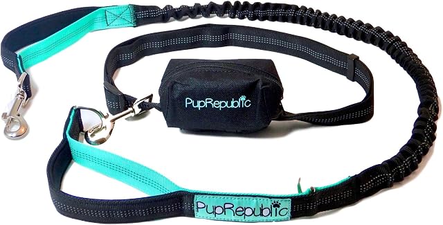 PupRepublic Hands Free Dog Lead - Perfect Dog Running Lead Or When Walking Or Hiking - Fully Adjustable Waist Belt With Reflective Bungee Dog Leads - Free Poo Bag Pouch Included