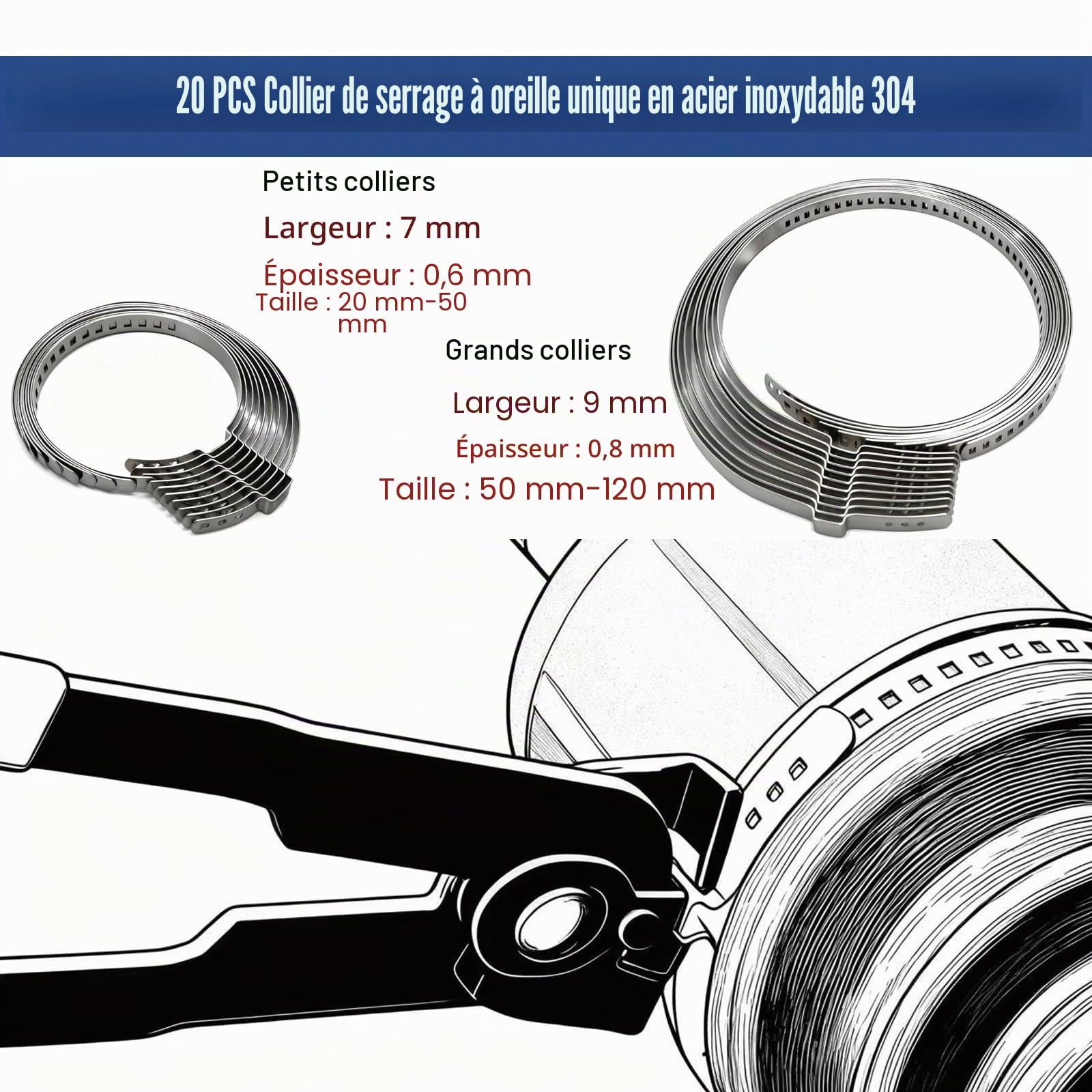 22 pièces pince collier cardan Colliers de gaine CV en acier inoxydable 304 | pour voitures, VTT, soufflet de cardan, tuyaux de carburant et systèmes de refroidissement