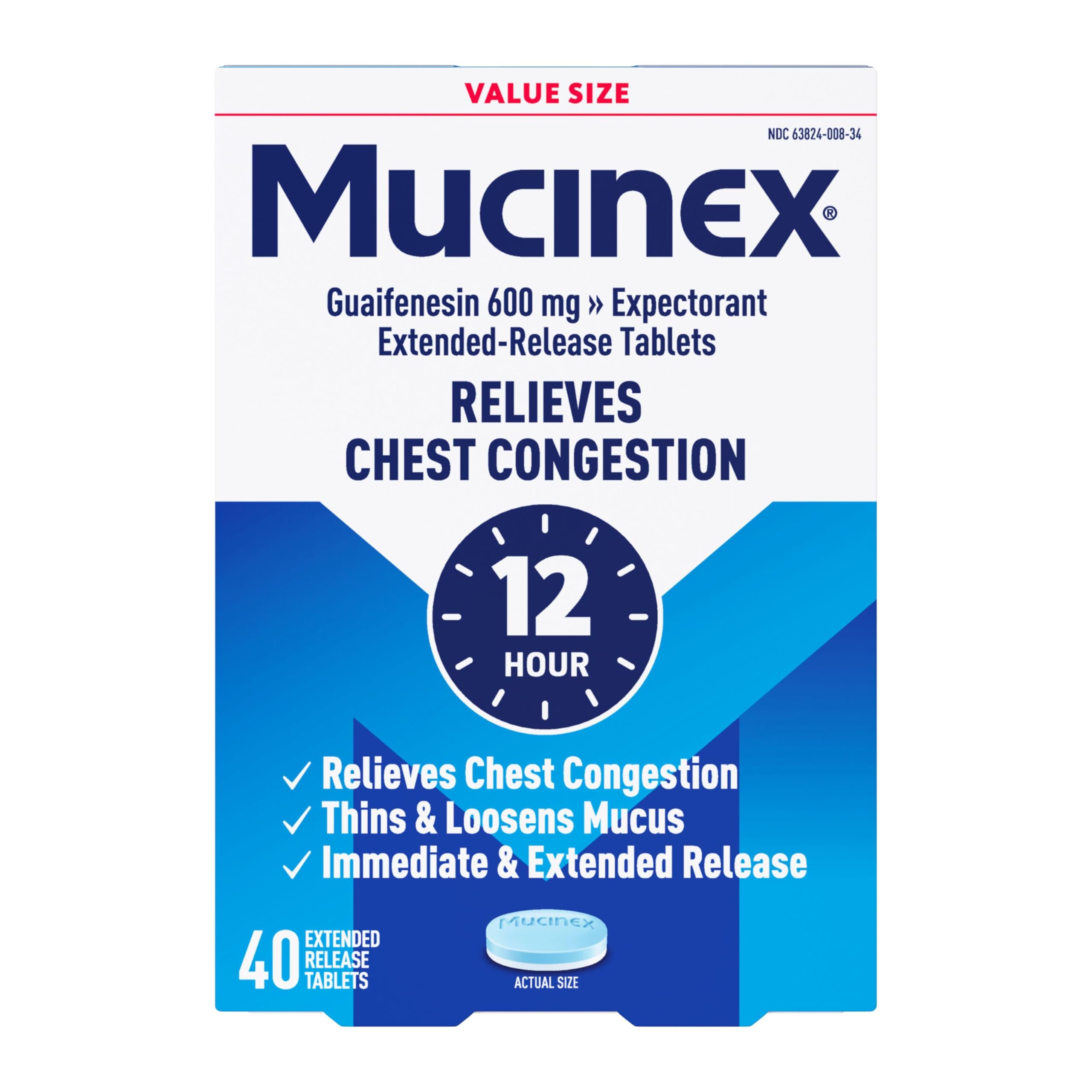 Mucinex 12 Hour Extended Release Tablets, 600 mg Guaifenesin Relieves Chest Congestion Caused by Excess Mucus, #1 Doctor Recommended OTC Expectorant, Blue, 40 Count