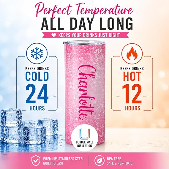 Personalized Tumbler with lid and straw | 20oz Stainless Steel Custom Tumblers | Personalized Gifts | Double Wall Insulated Cup for Hot, Cold Drinks | Tumbler Ombre Glitter effect with Name | 20oz Cup