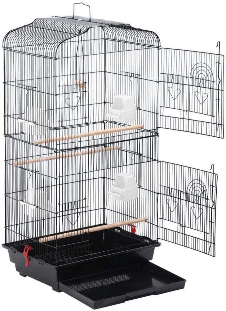KUANDARM Jaula para Pájaros De Hierro Negro con Bandeja De Plástico Casita para Pájaros De Loros Pequeños para Viaje Portador De Pájaros De Doble Puerta