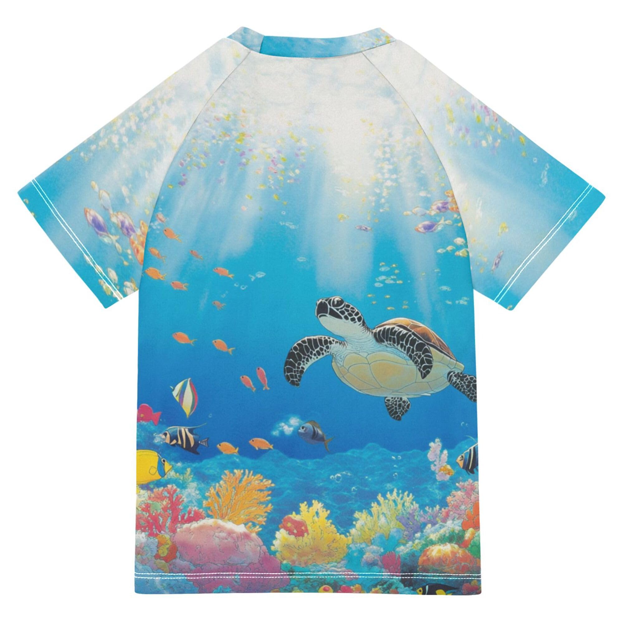 Cartoon Sea Turtle Corals Bathing Suit Kids Sun Protection Kids Rash Guard Swimsuit Girls Swimwears Athletic Shirt for Big Boy 4T