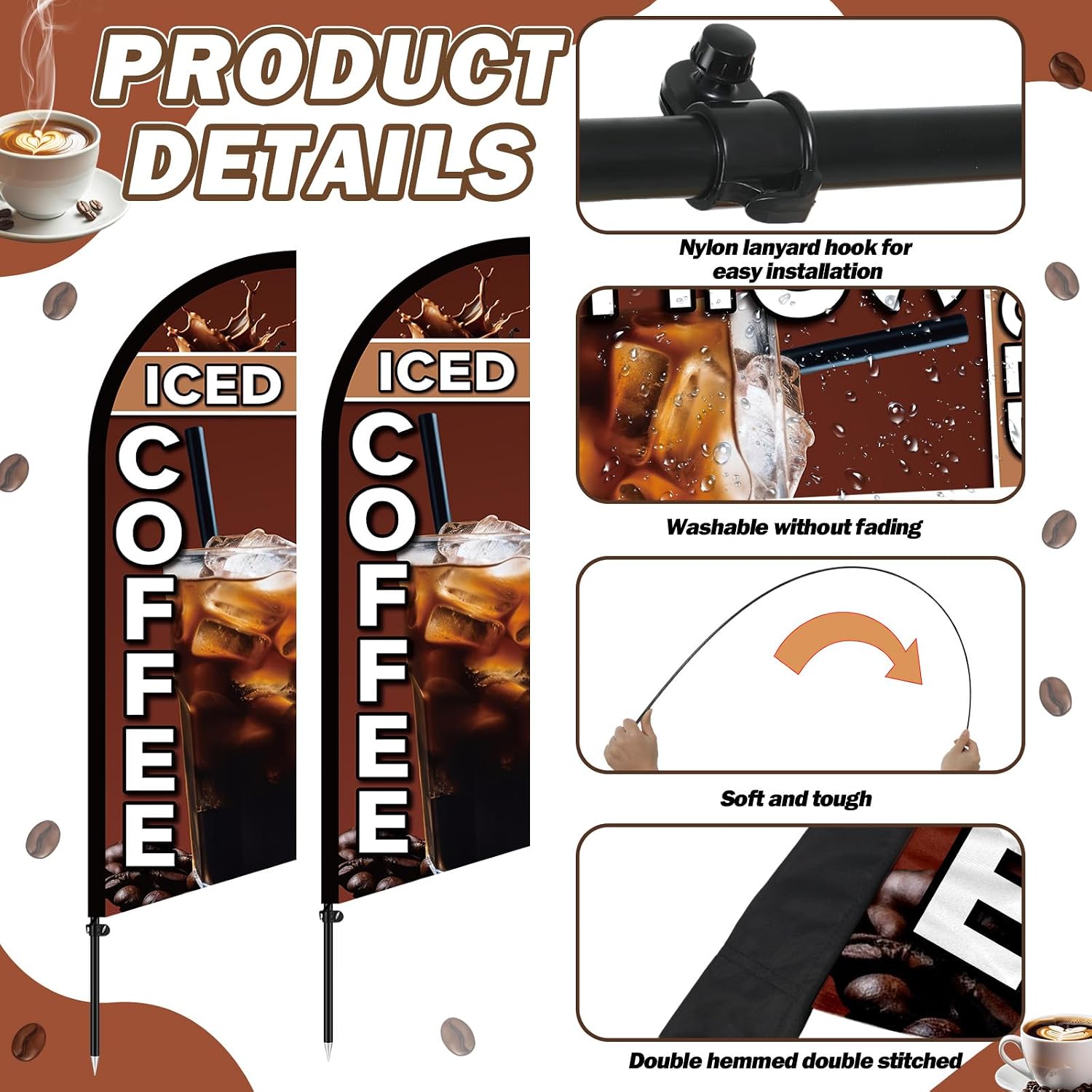 Gilprop 2 Set Iced Coffee Feather Flags 8.2ft Swooper Advertising Flags, Waterproof UV Resistant Business Signs with Complete Flagpole Kit and Storage Bags for Coffee Shops Food Trucks Events