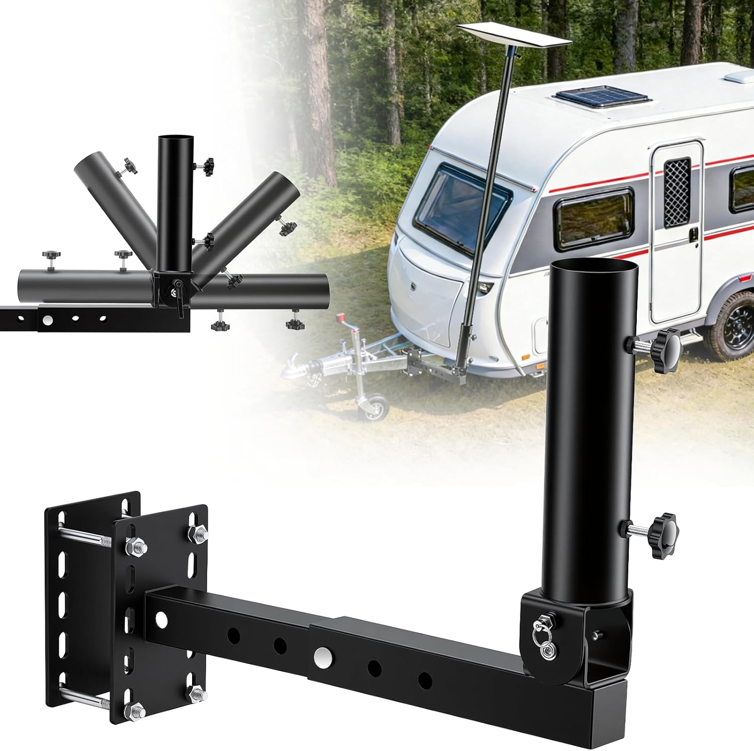 RV Starlink Mount & Flagpole Holder - 3-in-1 Design for 4" Bumper, A-Frame & Hitch - 180° Adjustable Heavy Duty RV Flag Pole Mount for Travel Trailer, SUV, Truck - Industrial Grade Steel