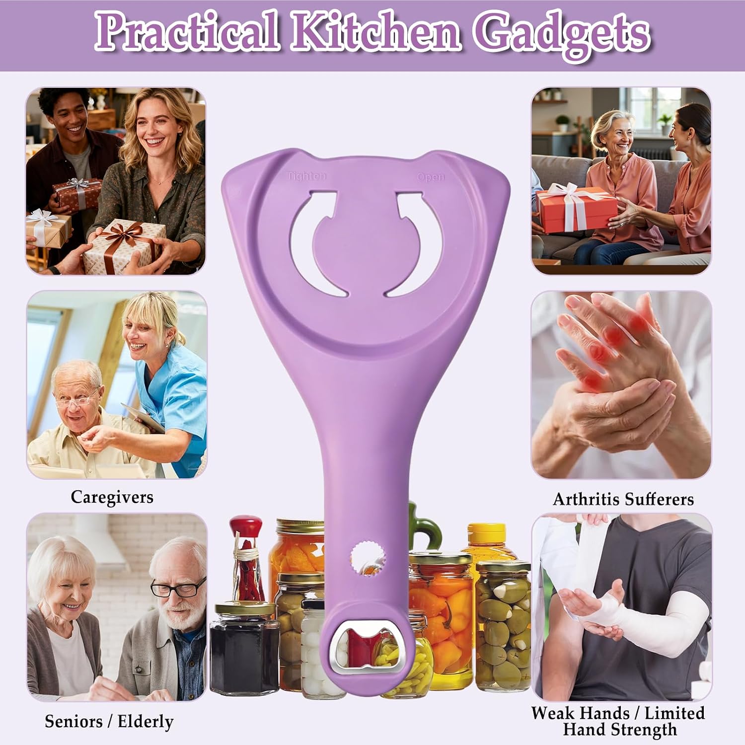 Jar Opener, Effortless Jar Opener for Weak Hands & Seniors With Arthritis, Labor-Saving Large Handle, Easily Twist Lid Bottle Cap, 4-in-1 Bottle Opener for Seniors, Kitchen Gadgets (Purple)