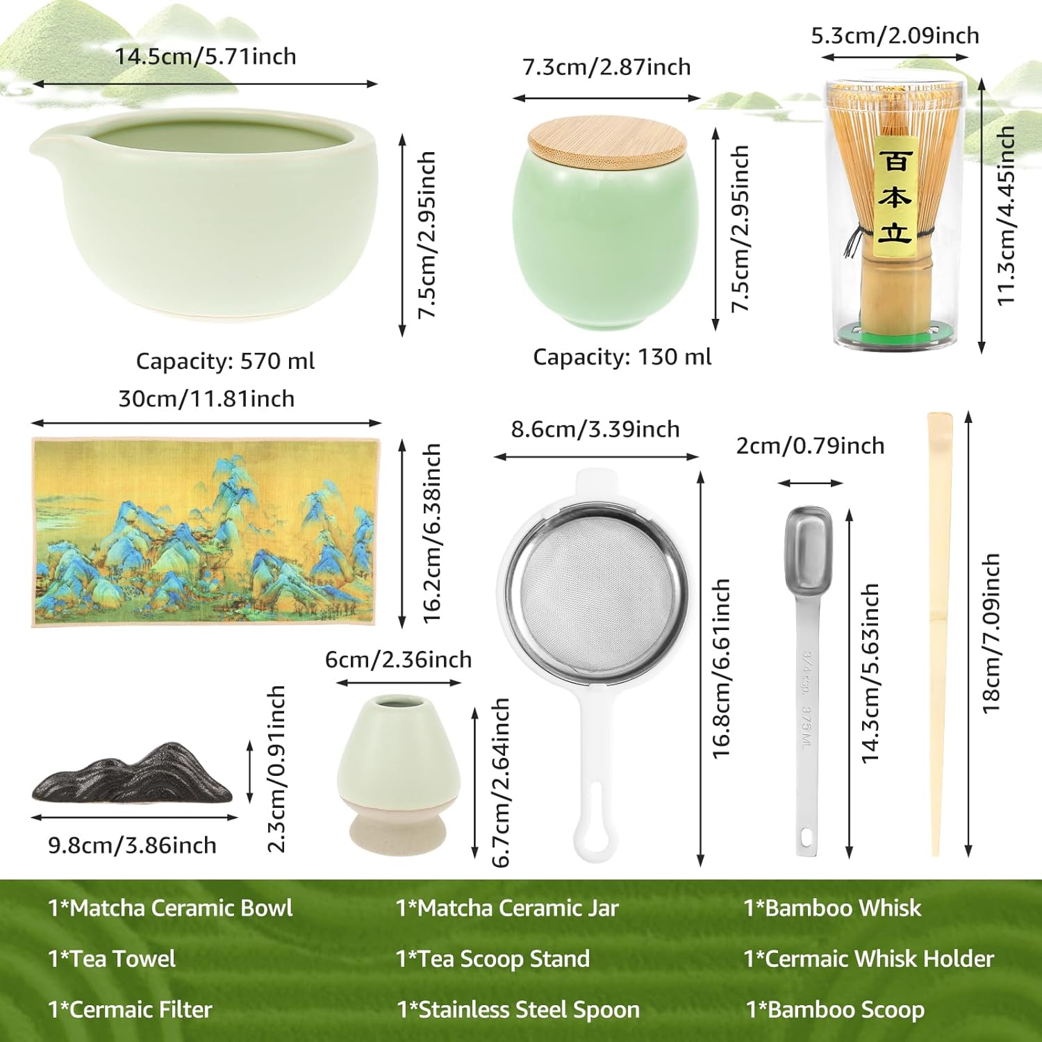 9 Pcs Matcha Tea Set, Bamboo Matcha Whisk, Elegant Matcha Set Includes Matcha Bowl with Mouth Matcha Whisk and Holder Scoop Spoon Sifter Towel Complete Matcha Whisk Set for Matcha Lover