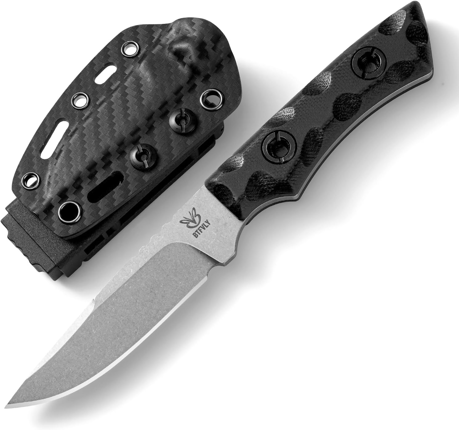 BTFLY Fixed Blade EDC Knife, 14C28N Steel Blade, G10 Handle, Carbon Fiber Sheath, 2.3" Blade, 5.7" Overall Length, Tactical Survival Knife for Outdoor, Camping, Hiking (Black) (Black)