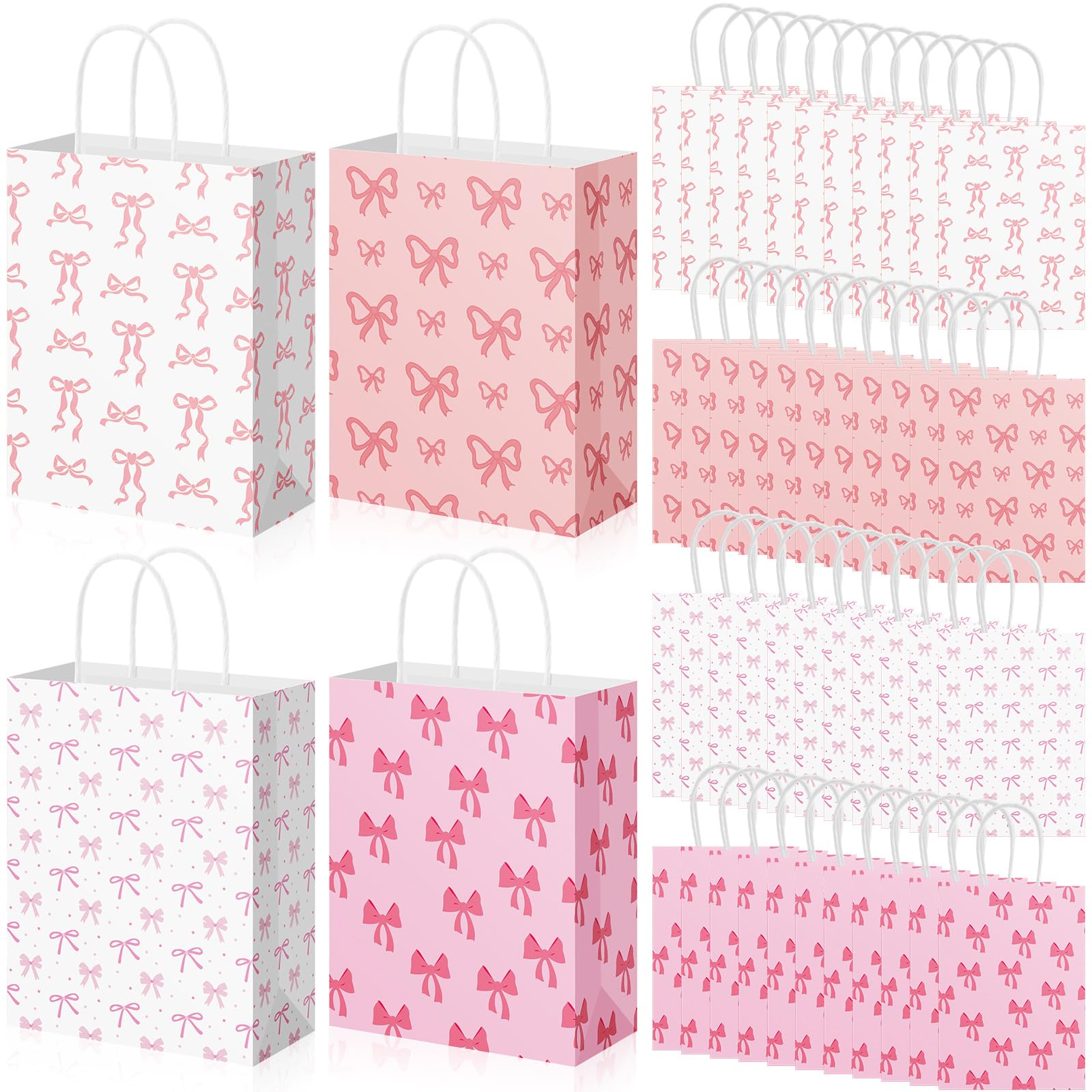 Geyoga 48 Pcs Valentines Pink Bow Paper Gift Bags Pink Party Favor Coquette Goodie Candy Bags with Handle for Bestie Best Friends Birthday Wedding