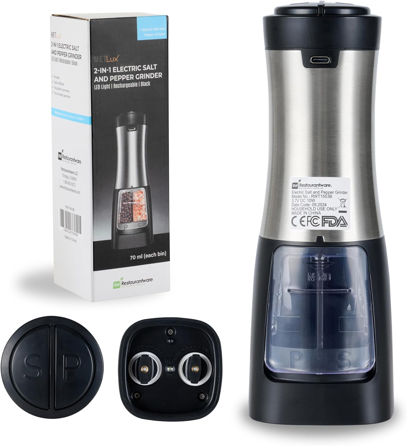 Restaurantware-Met Lux 2 In 1 Salt And Pepper Grinder, 1 Automatic Salt And Pepper Shaker - Battery-Powered, With LED Light, 1 Black Plastic Automatic Spice Grinder, For Kitchen Or Restaurant