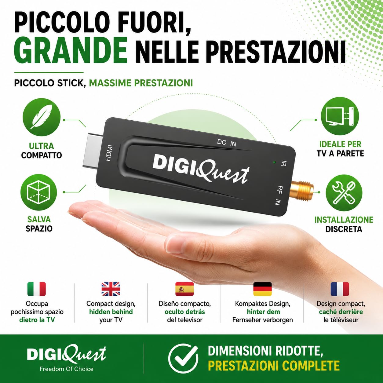 Digiquest DecoderTerrestre, XO Stick, DVB-T2, Schwarz - Sparen Sie Energie durch die Stromversorgung des Fernsehgeräts, 2-in-1-Fernbedienung, ideal für Wandfernseher
