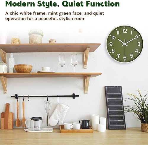 Miniatura 2 de Reloj de pared silencioso sin tictac, funciona con pilas, moderno reloj de pared analógico verde oliva para sala de estar, cocina, oficina,