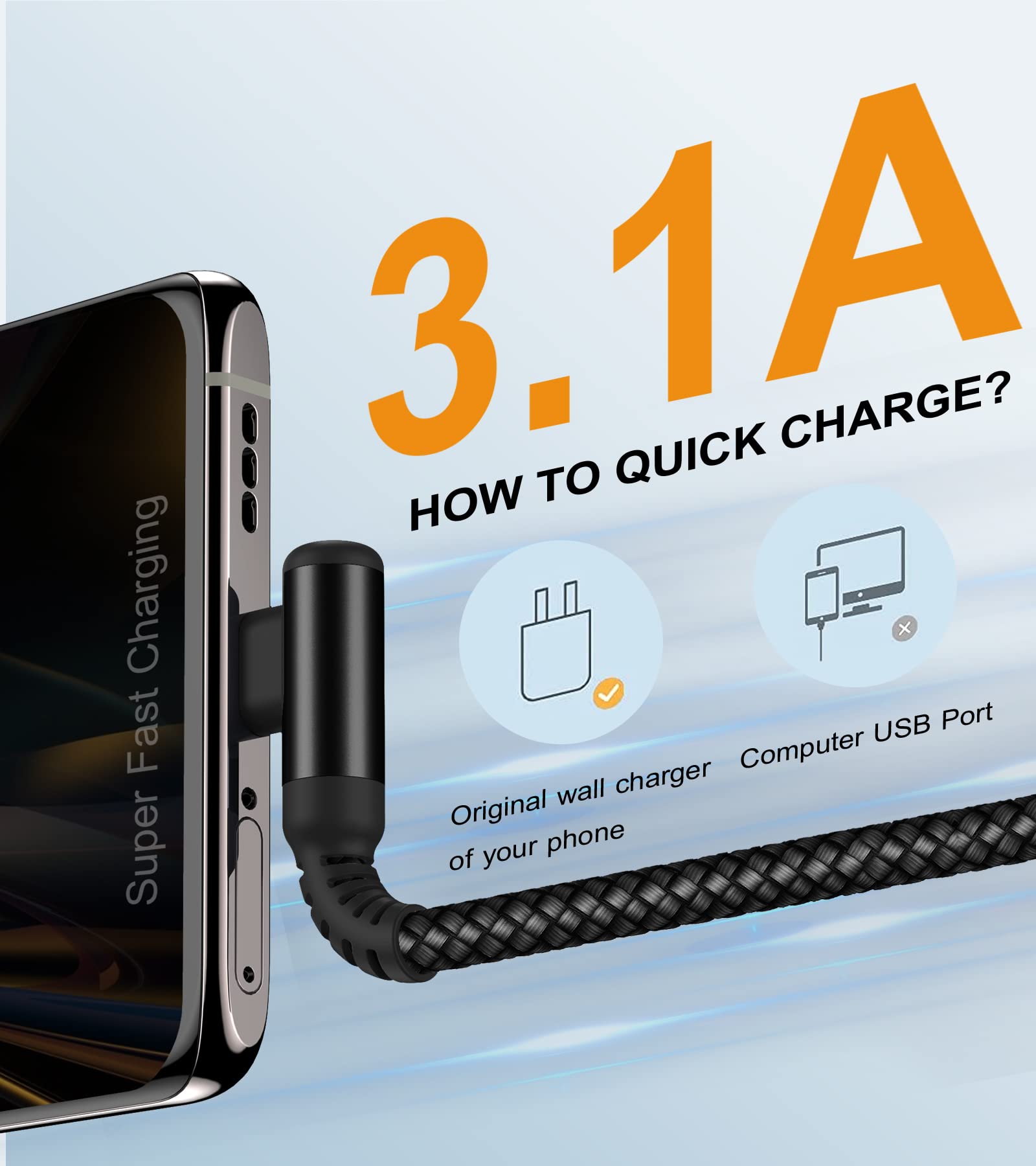 Cavo USB C 90 gradi [2 pezzi 3 m] 3.1A ricarica rapida, cavo di ricarica Cavo USB C in nylon tipo C per i phone 16 15 Pro Max, Samsung Galaxy S24 S23 S22 S21 S20, Note10/9/8, M31, A71 A52 A51 A50 A40